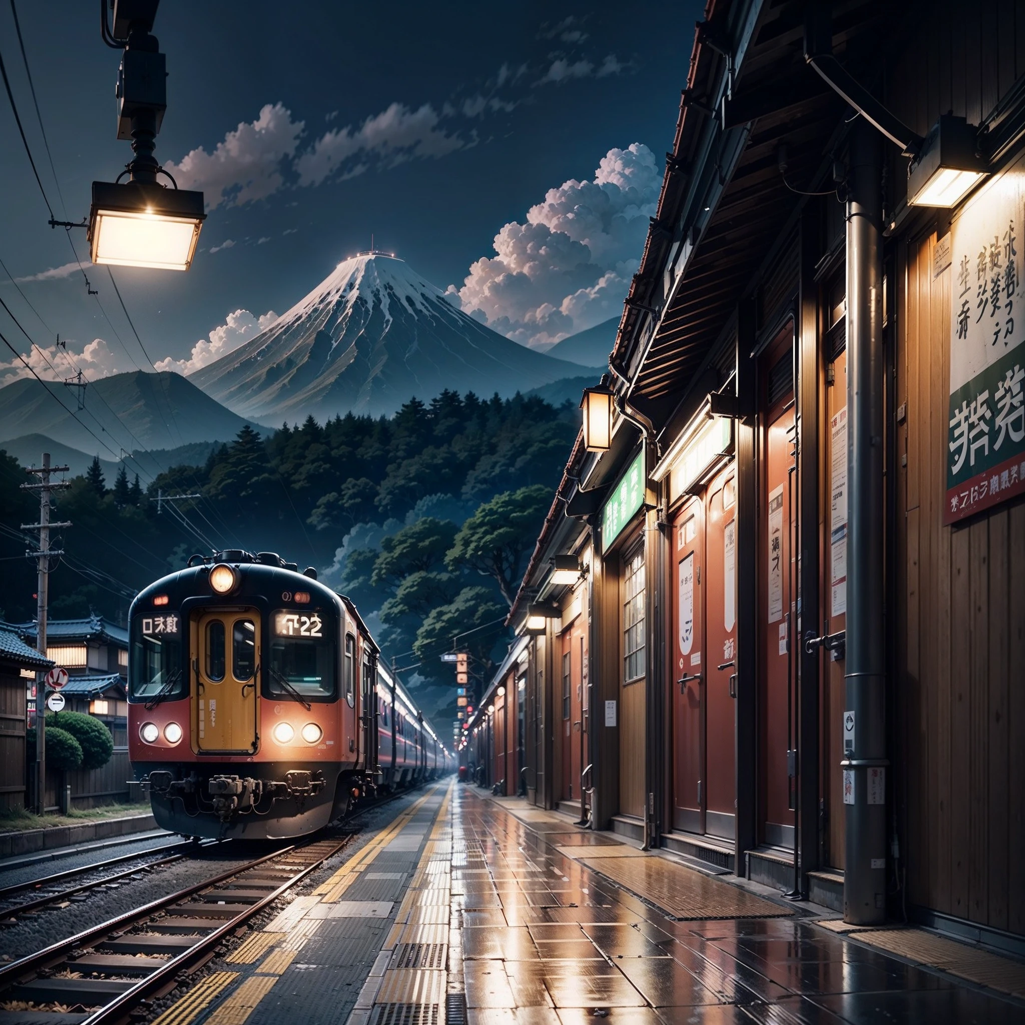 japanese train station, (no one: 1), japan, modern japanese architecture, best quality, japanese signs, anime, anime style, lofi, no one in sight, dramatic weather, night time, illuminated by lights, japanese train, modern train