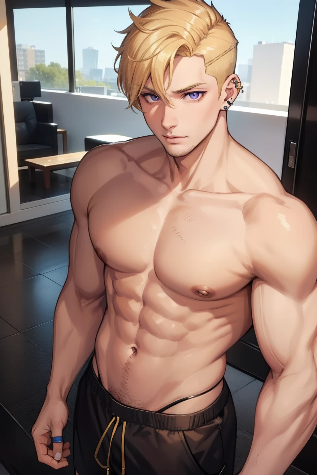 He is Blond, has a short undercut hairstyle. He has stubble. He has honey coloured skin. He has purple eyes. He is very muscular. He wears casual, sporty clothing. He has a lip ring, a nose ring and 2 ear piercings.