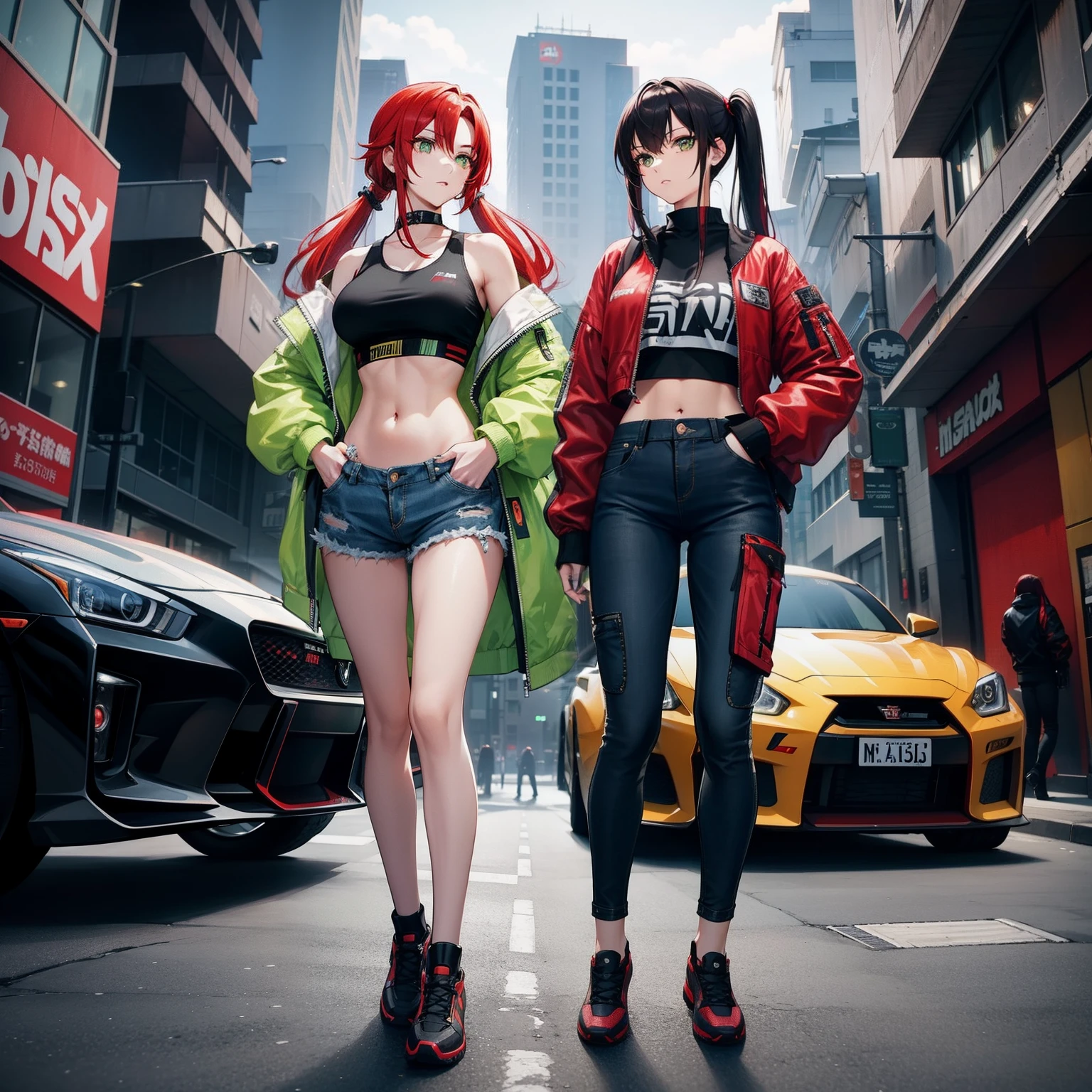 Full body shot, female asian Irina Shidou red hair twintails green eyes, in a cyberpunk city, wearing a bomber jacket and crop top and denim shorts, standing next to a Nissan GT-R, frontal shot, masterpiece, highly detailed