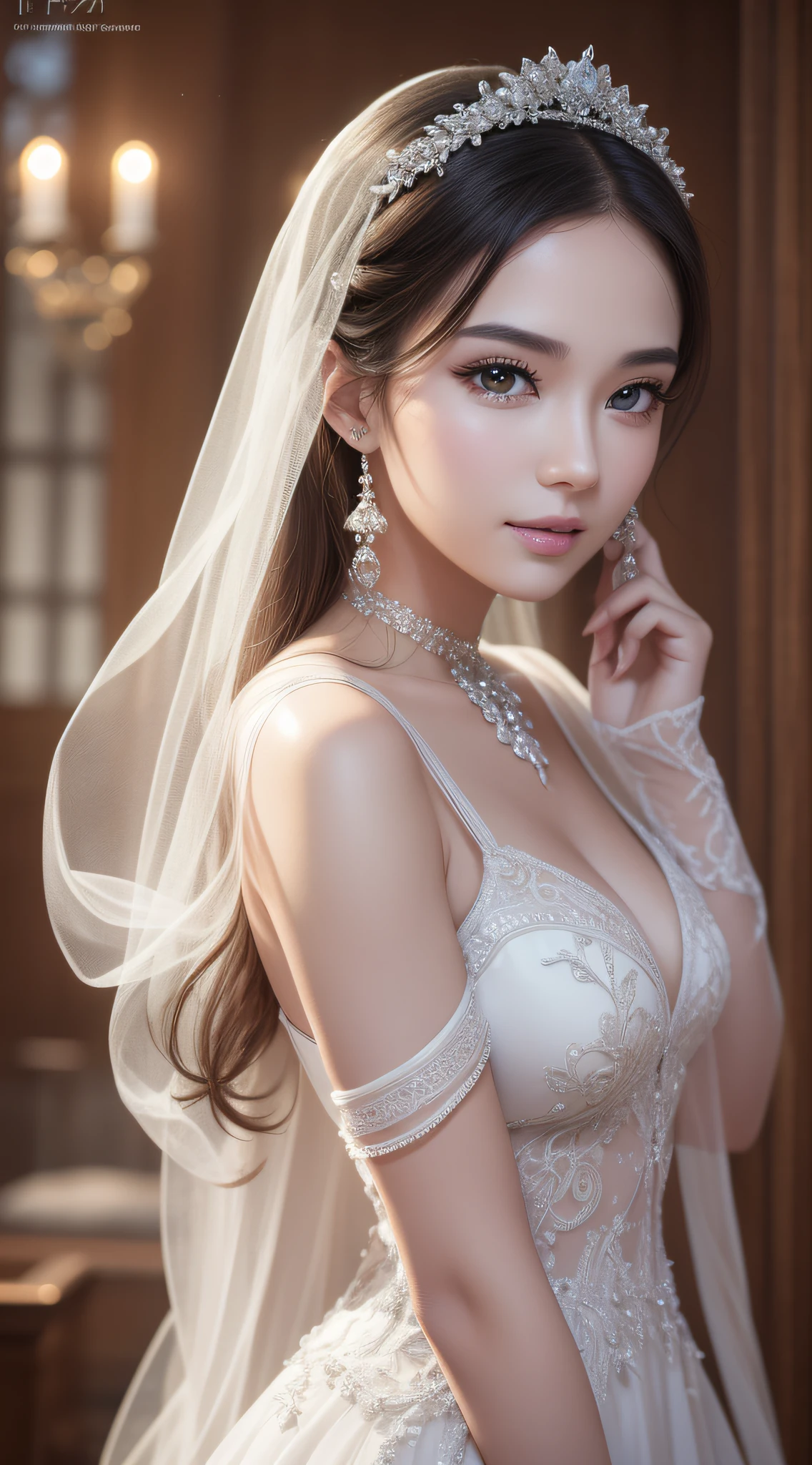 Nikon Z 85mm, ((highest quality)) ((masterpiece)), intricate details, sharp focus, professional, photorealistic, surrealistic, photorealism, fine detail, top quality, highly detailed CG Unity 32k wallpaper, perfect artwork, shiny hair, glowing eyes, shiny skin, realistic, perfect female figure, constricted waist, Very delicate and beautiful, best quality, beautiful detailed girl, staring at the viewer, smile: 1.4, beautiful fine eyes, face lights, see-through, long white wedding dress, wedding band, realistic expression of face, intricate details, makeup, perfect proportions (detailed beautiful delicate face, detailed beautiful delicate eyes, face) perfect proportions, detailed skin, detailed skin, standing figure, Highest ratio 4 fingers and 1 thumb, chapel: 1.4,