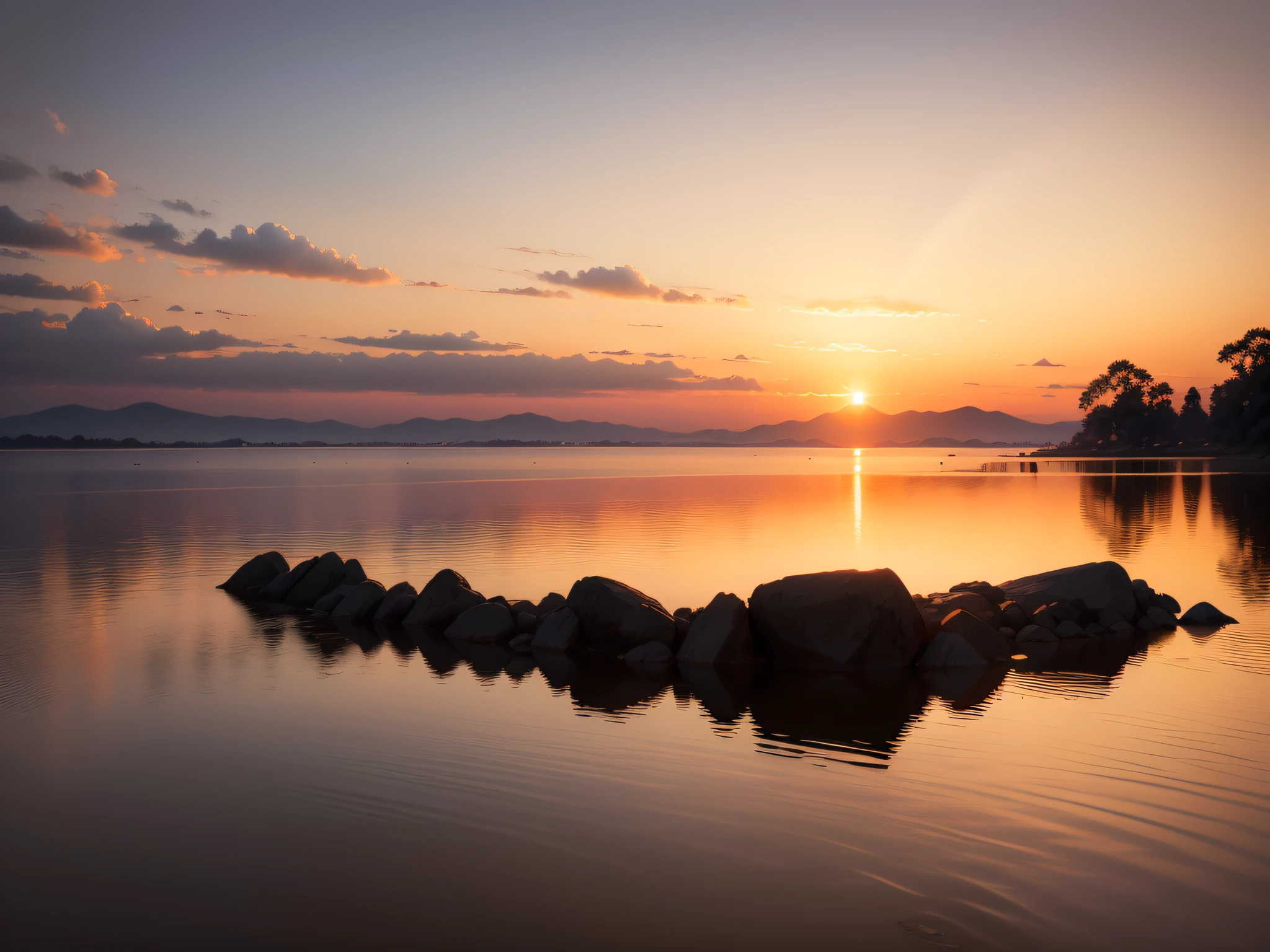 Sunrise: The tranquil and hopeful sight of the sun rising, casting gentle light and soft hues across the sky.