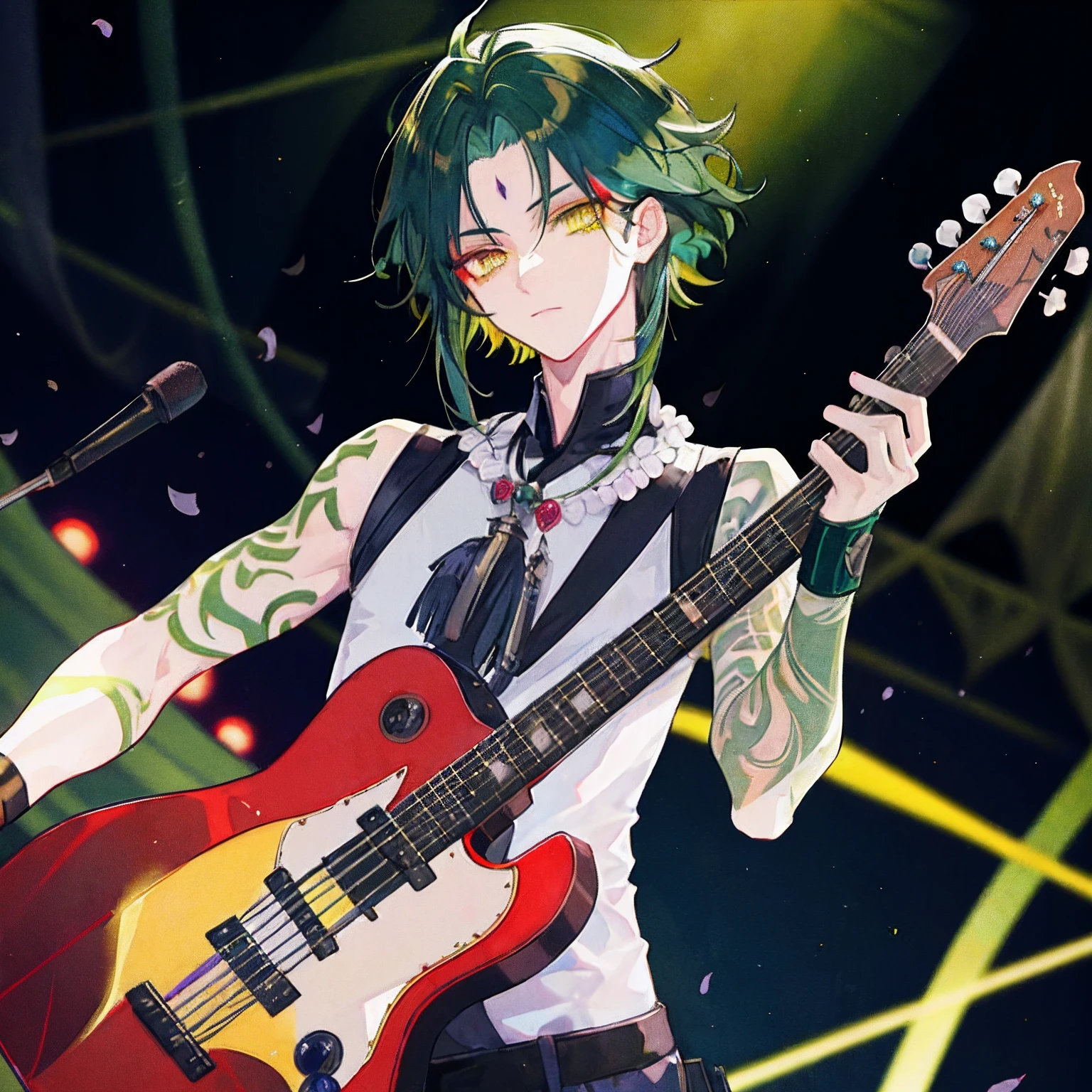 1boys，Dark green hair，Best quality at best，tmasterpiece，Extrem，yellow eyes，malefocus，beautidful eyes，On stage，plays the guitar，Flower arm tattoo