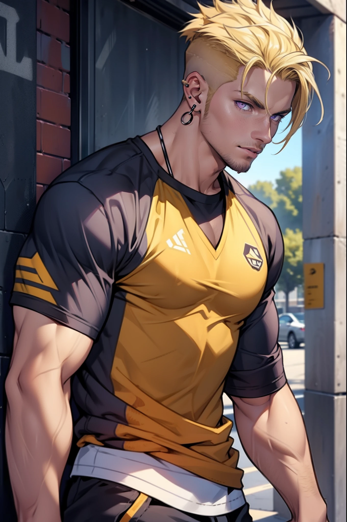 He is Blond, has a short undercut hairstyle. He has stubble. He has honey colored skin. He has purple eyes. He is very muscular. He wears casual, sporty clothing. He has a lip ring, a nose ring and 2 ear piercings.