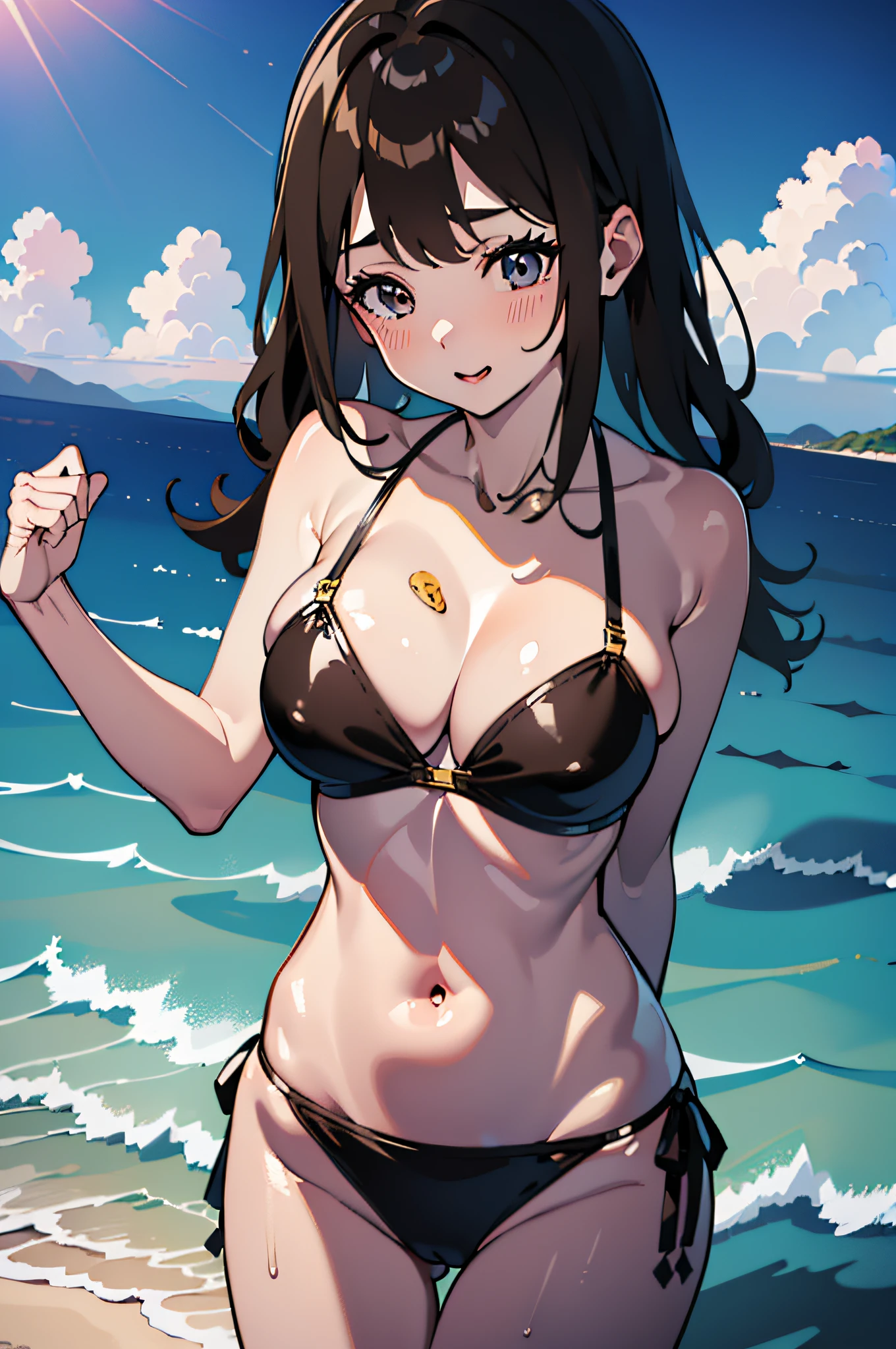 (Best quality, 8k, 32k, Masterpiece, UHD:1.2),Photo of Pretty Japanese woman, 1girl,side portrait, (large breasts:1.2), (tall female), (abs, slim figure:1.2), (lips), (medium-short dark brown hair), double eyelid, wet shirt, realistic ray light, pool