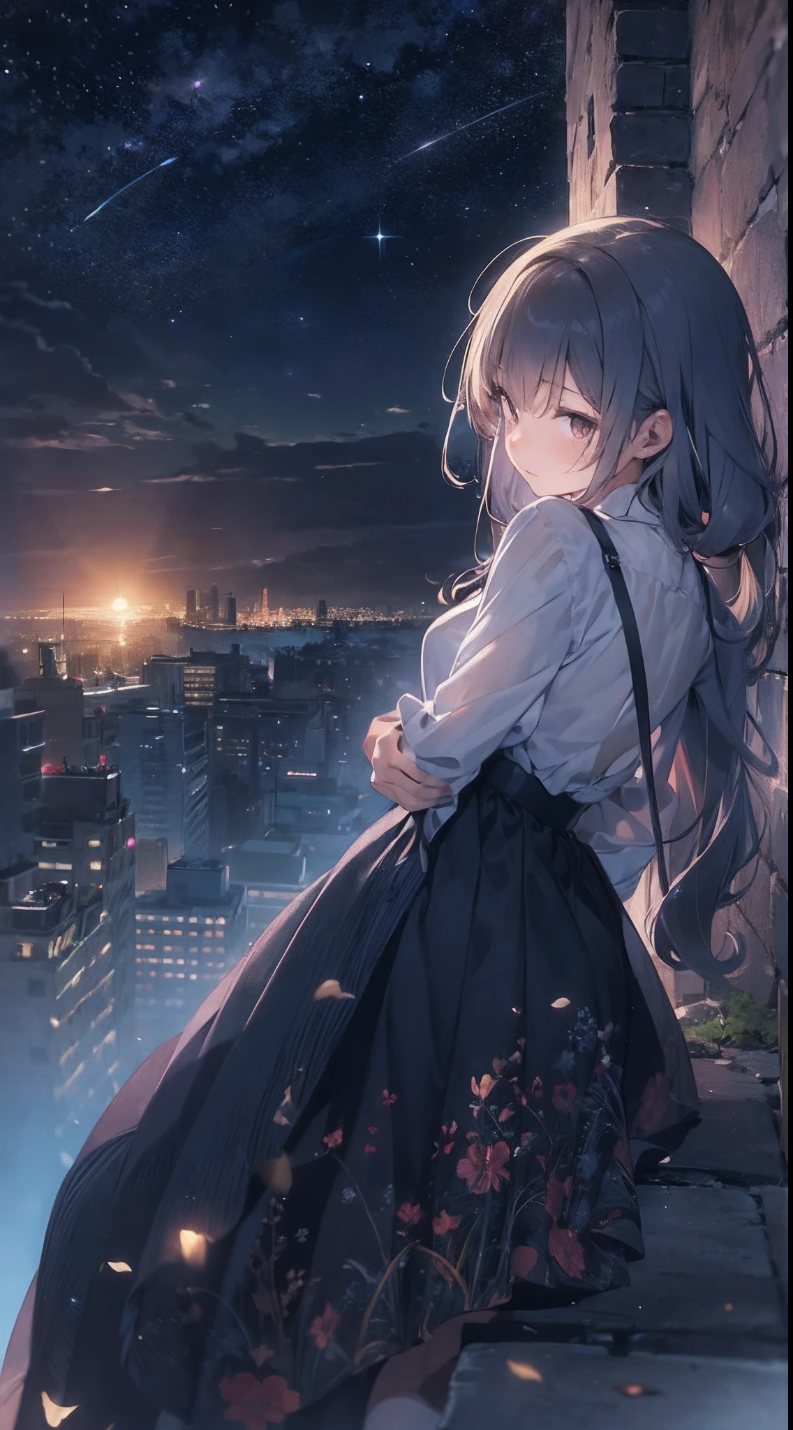 Quiet night，The starry sky is bright，On the roof sat a girl。She looked up at the starry sky in silence，Enjoy this peaceful evening，Girl wears a light dress，The skirt flutters in the wind，Her long hair shimmered in the moonlight，Exude fresh breath，Stars shining in the night sky，They were like winking at a girl，As if he wanted to share this beautiful moment with her，The bricks on the roof take on ancient beauty in the moonlight，Contrast with the neon lights of the city，The girl gently opened her eyes，She seemed to feel the beauty of this world，Her face looked quiet and calm under the starlight，Her body swayed gently in the night breeze，It's as if you're one with this peaceful night，The picture is full of quiet beauty and tenderness，a person々Make the night sky mysterious and quiet，View from a distance, Atmospheric lighting, Focus individually, closeup cleavage, Seen from the side, depth of fields, Background bokeh，best qualtiy，tmasterpiece，Very detailed，细致背景，