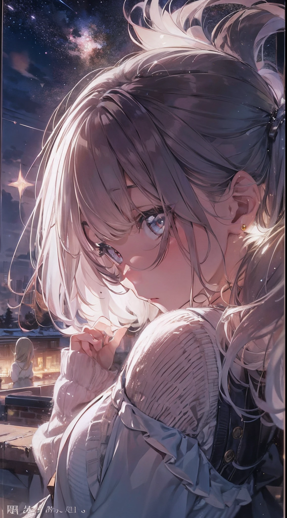 Quiet night,The starry sky is bright,On the roof sat a girl。She looked up at the starry sky in silence,Enjoy this peaceful evening,Girl wears a light dress,The skirt flutters in the wind,Her long hair shimmered in the moonlight,Exude fresh breath,Stars shining in the night sky,They were like winking at a girl,As if he wanted to share this beautiful moment with her,The bricks on the roof take on ancient beauty in the moonlight,Contrast with the neon lights of the city,The girl gently opened her eyes,She seemed to feel the beauty of this world,Her face looked quiet and calm under the starlight,Her body swayed gently in the night breeze,It's as if you're one with this peaceful night,The picture is full of quiet beauty and tenderness,a person々Make the night sky mysterious and quiet,View from a distance, Atmospheric lighting, Focus individually, closeup cleavage, Seen from the side, depth of fields, Background bokeh,best qualtiy,tmasterpiece,Very detailed,细致背景,