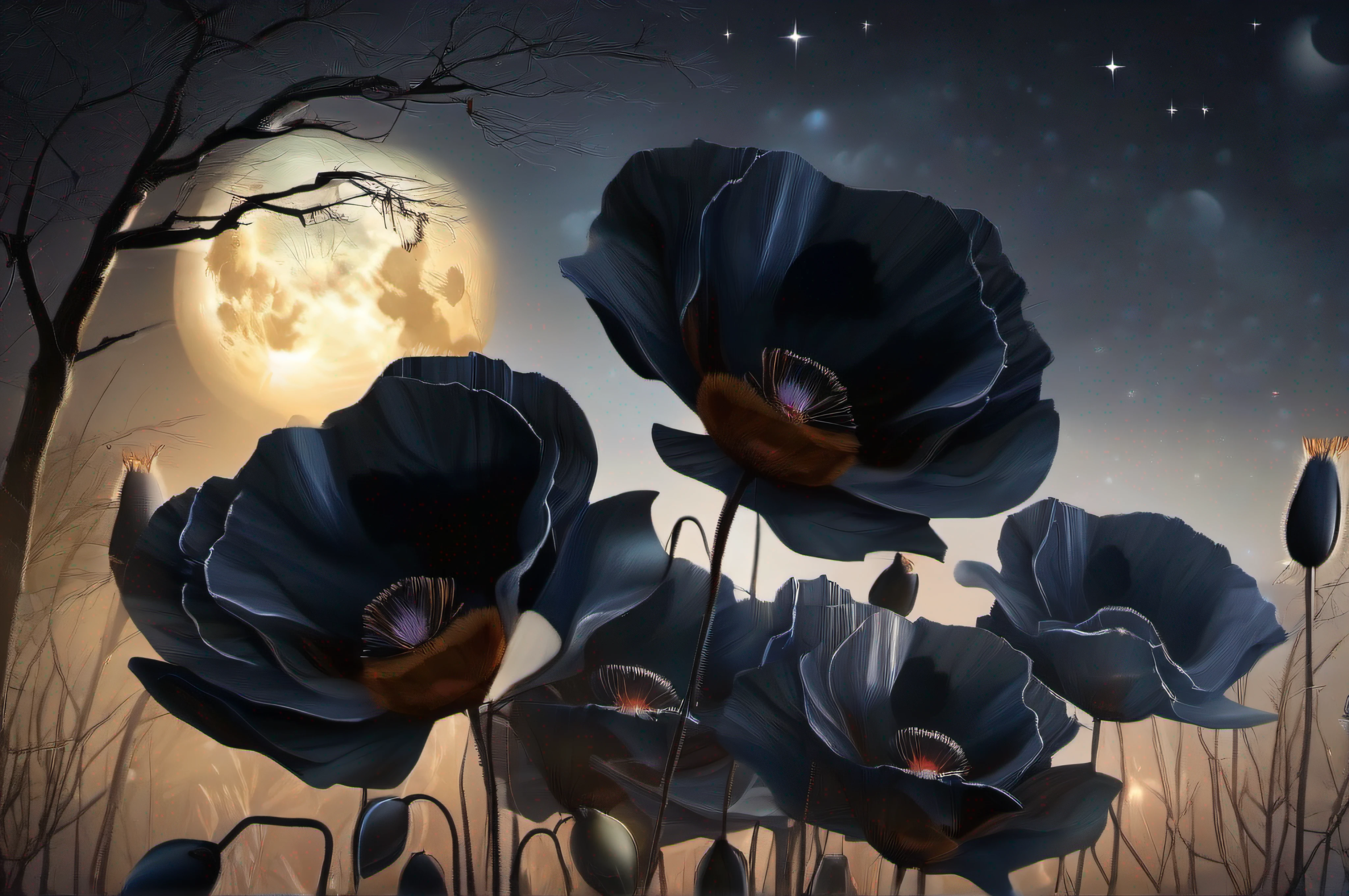 "Dark, mysterious black poppies in the moonlit night, with a striking full moon shining in the background."