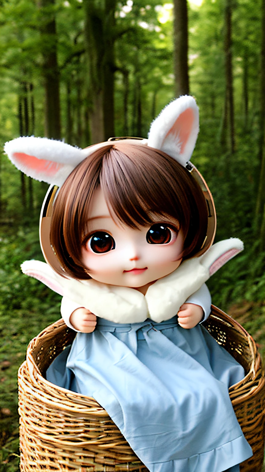 The human、Cute Chibi Anime,Cute dress、Morning light、in woods、big eye,rabbit stuffed