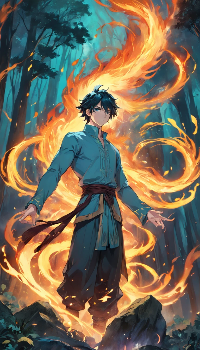Amidst an ancient and overgrown forest, the essence of magic takes form through a young man, his hair as dark as the shadows and his eyes a radiant golden blaze. A mystical mark graces his neck, shimmering with latent power. Within a clearing, he stands engulfed in a cascading torrent of flames, the fire's heat tempered by an otherworldly energy. As the magical fire spirals and dances, it conjures a swirling dance of luminous particles, each a fragment of his ethereal aura. Arcane symbols materialize in midair, their glow casting an eerie light on his intense focus. The scene exudes a sense of ancient power and hidden knowledge, as if the woods themselves are alive with long-forgotten secrets. The mood is one of serene intensity, where the balance of nature and magic intertwine. The illustration style captures this mystical aura through detailed digital artistry, combining intricate linework with vibrant color palettes. --ar 16:9 --v 5