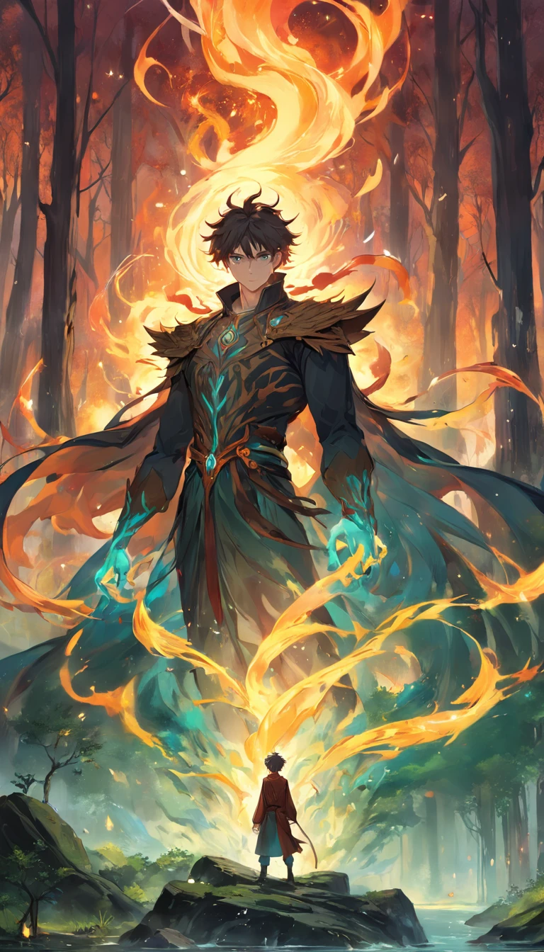 Amidst an ancient and overgrown forest, the essence of magic takes form through a young man, his hair as dark as the shadows and his eyes a radiant golden blaze. A mystical mark graces his neck, shimmering with latent power. Within a clearing, he stands engulfed in a cascading torrent of flames, the fire's heat tempered by an otherworldly energy. As the magical fire spirals and dances, it conjures a swirling dance of luminous particles, each a fragment of his ethereal aura. Arcane symbols materialize in midair, their glow casting an eerie light on his intense focus. The scene exudes a sense of ancient power and hidden knowledge, as if the woods themselves are alive with long-forgotten secrets. The mood is one of serene intensity, where the balance of nature and magic intertwine. The illustration style captures this mystical aura through detailed digital artistry, combining intricate linework with vibrant color palettes. --ar 16:9 --v 5