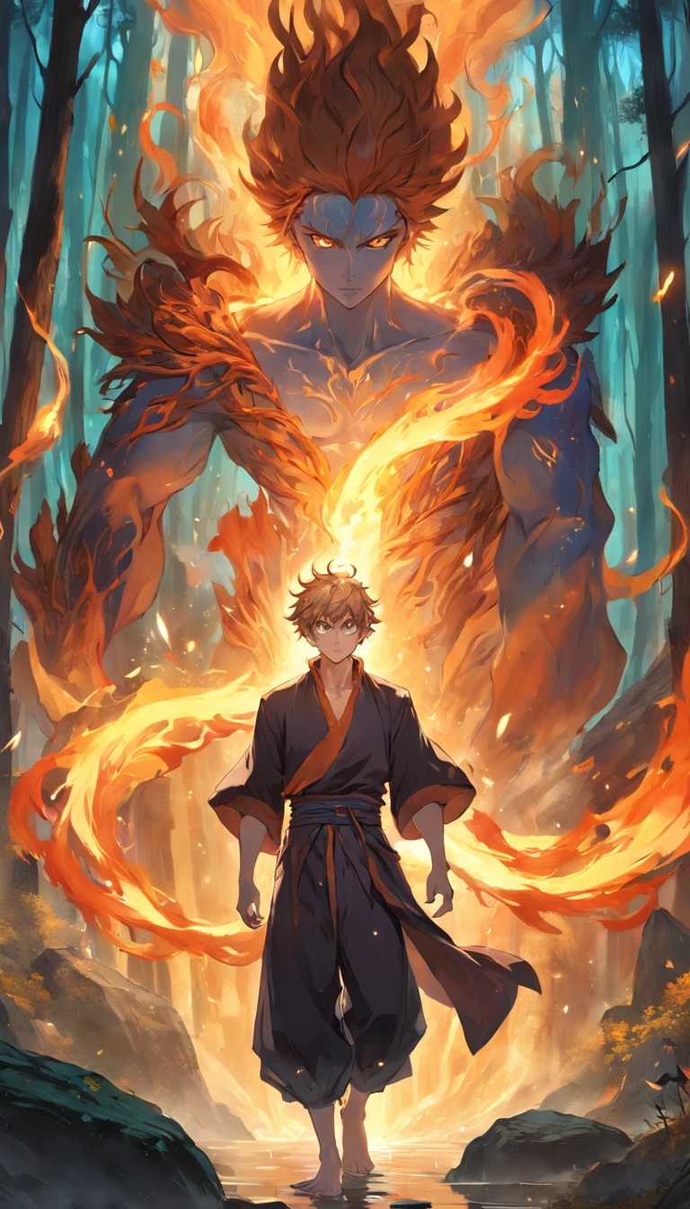 Amidst an ancient and overgrown forest, the essence of magic takes form through a young man, his hair as dark as the shadows and his eyes a radiant golden blaze. A mystical mark graces his neck, shimmering with latent power. Within a clearing, he stands engulfed in a cascading torrent of flames, the fire's heat tempered by an otherworldly energy. As the magical fire spirals and dances, it conjures a swirling dance of luminous particles, each a fragment of his ethereal aura. Arcane symbols materialize in midair, their glow casting an eerie light on his intense focus. The scene exudes a sense of ancient power and hidden knowledge, as if the woods themselves are alive with long-forgotten secrets. The mood is one of serene intensity, where the balance of nature and magic intertwine. The illustration style captures this mystical aura through detailed digital artistry, combining intricate linework with vibrant color palettes. --ar 16:9 --v 5