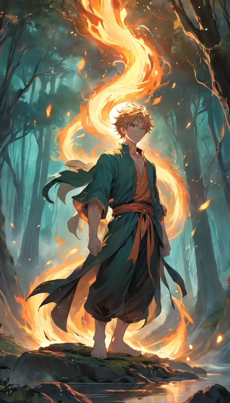 Amidst an ancient and overgrown forest, the essence of magic takes form through a young man, his hair as dark as the shadows and his eyes a radiant golden blaze. A mystical mark graces his neck, shimmering with latent power. Within a clearing, he stands engulfed in a cascading torrent of flames, the fire's heat tempered by an otherworldly energy. As the magical fire spirals and dances, it conjures a swirling dance of luminous particles, each a fragment of his ethereal aura. Arcane symbols materialize in midair, their glow casting an eerie light on his intense focus. The scene exudes a sense of ancient power and hidden knowledge, as if the woods themselves are alive with long-forgotten secrets. The mood is one of serene intensity, where the balance of nature and magic intertwine. The illustration style captures this mystical aura through detailed digital artistry, combining intricate linework with vibrant color palettes. --ar 16:9 --v 5