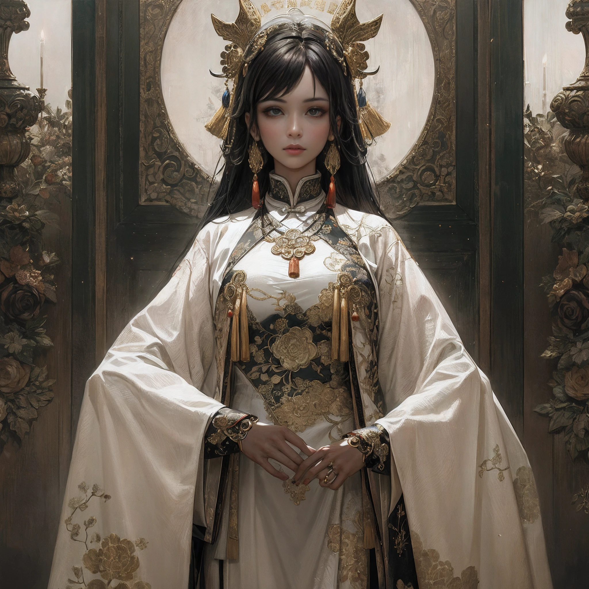 Dark majestic Chinese palacebackground, brown peaks andswirls, a beautiful girl standingin the center of the palace,mountain peak, traditionalChinese costume jewelry, acryli oil painting, light white and lighsilver, gold, elaborate costumesfull face, full body photos,traditional costumes, strikingdetails, best quality，insanely detailed and intricate, hypermaximalist, elegant, ornate, hyper realistic, super detailed