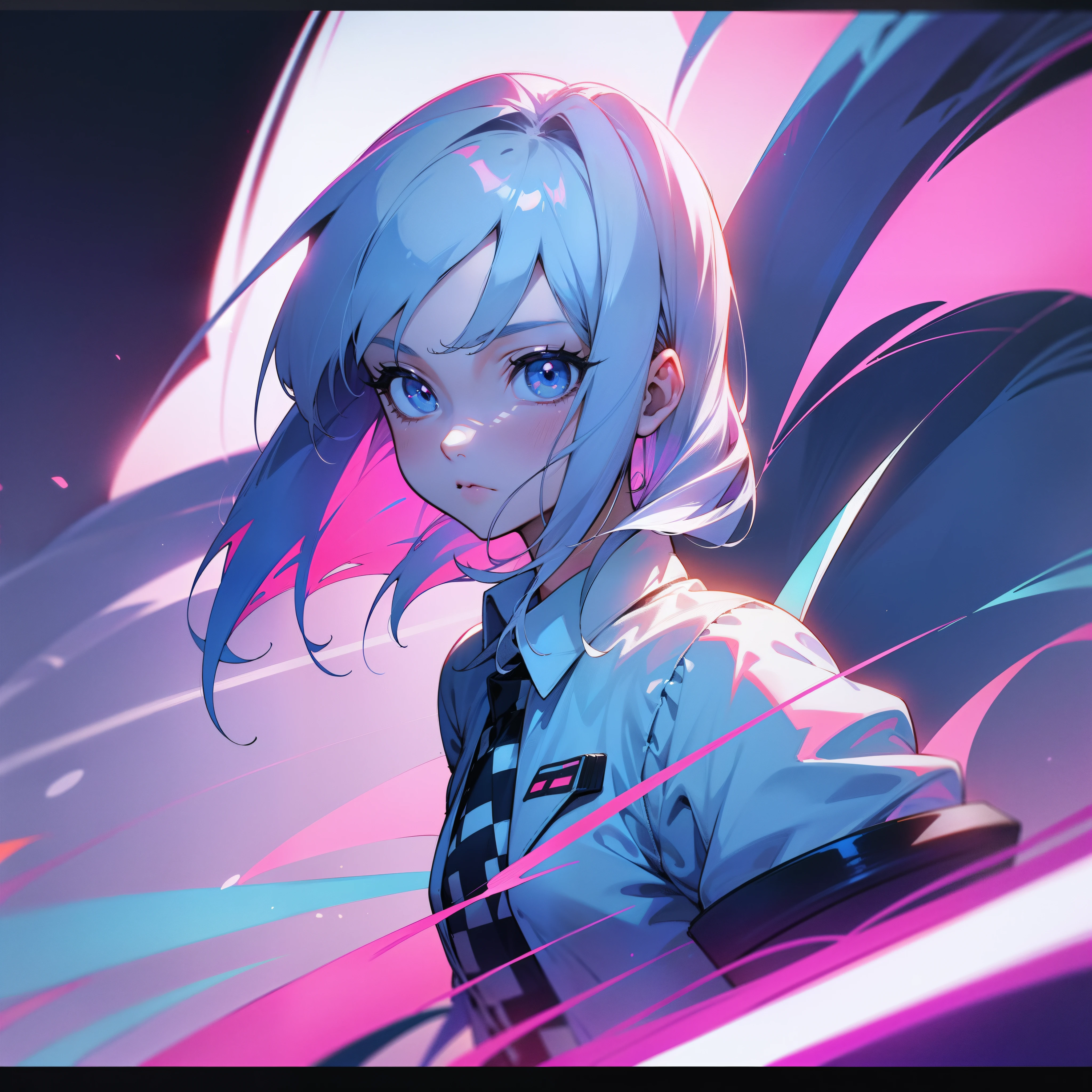 Silvery hair,teens girl,sense of science and technology,There is a strange white light in the eyes,White checkered shirt,outrun art style, in the art style of 8 0 s anime,morningglow