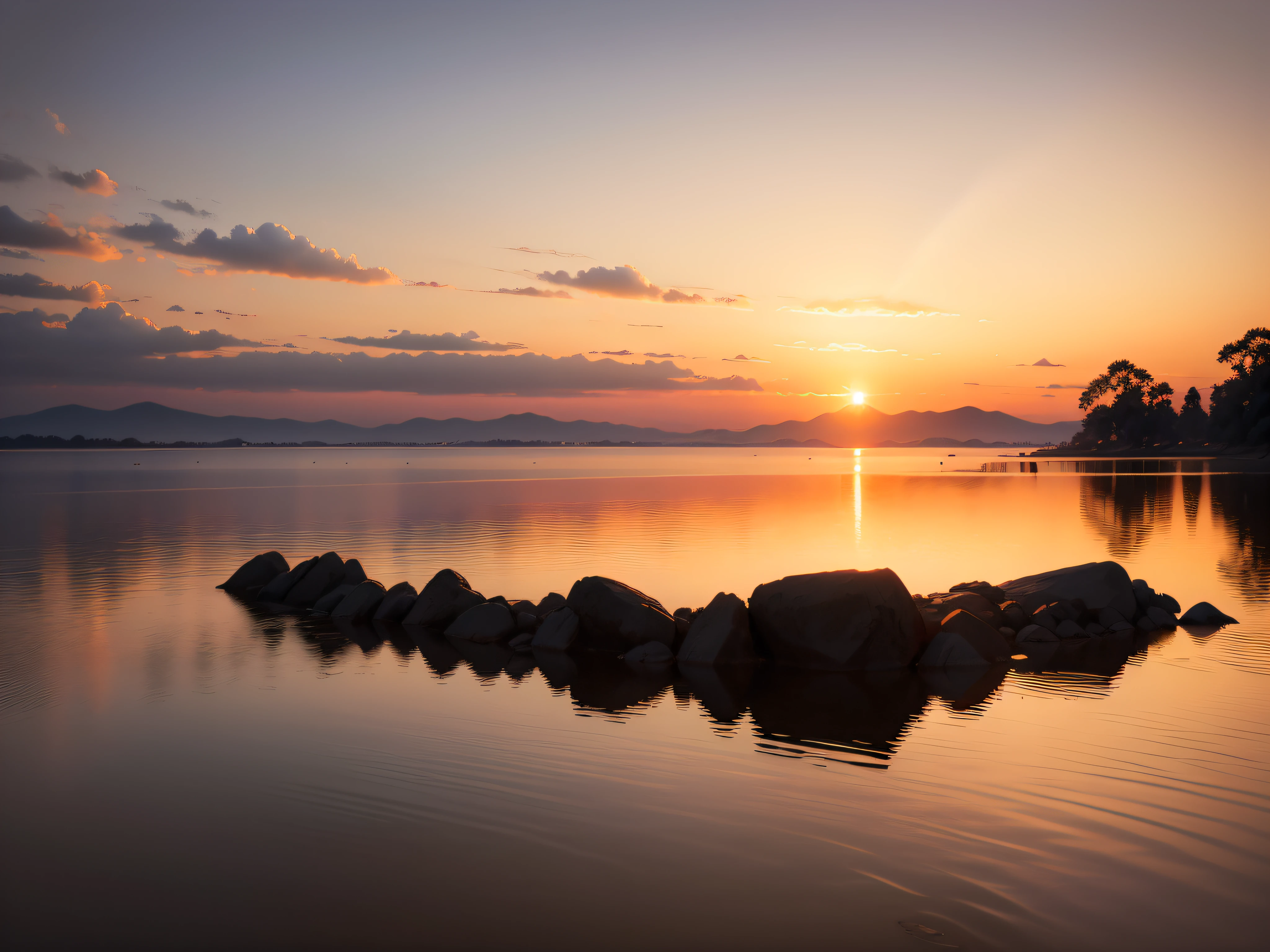Sunrise: The tranquil and hopeful sight of the sun rising, casting gentle light and soft hues across the sky.