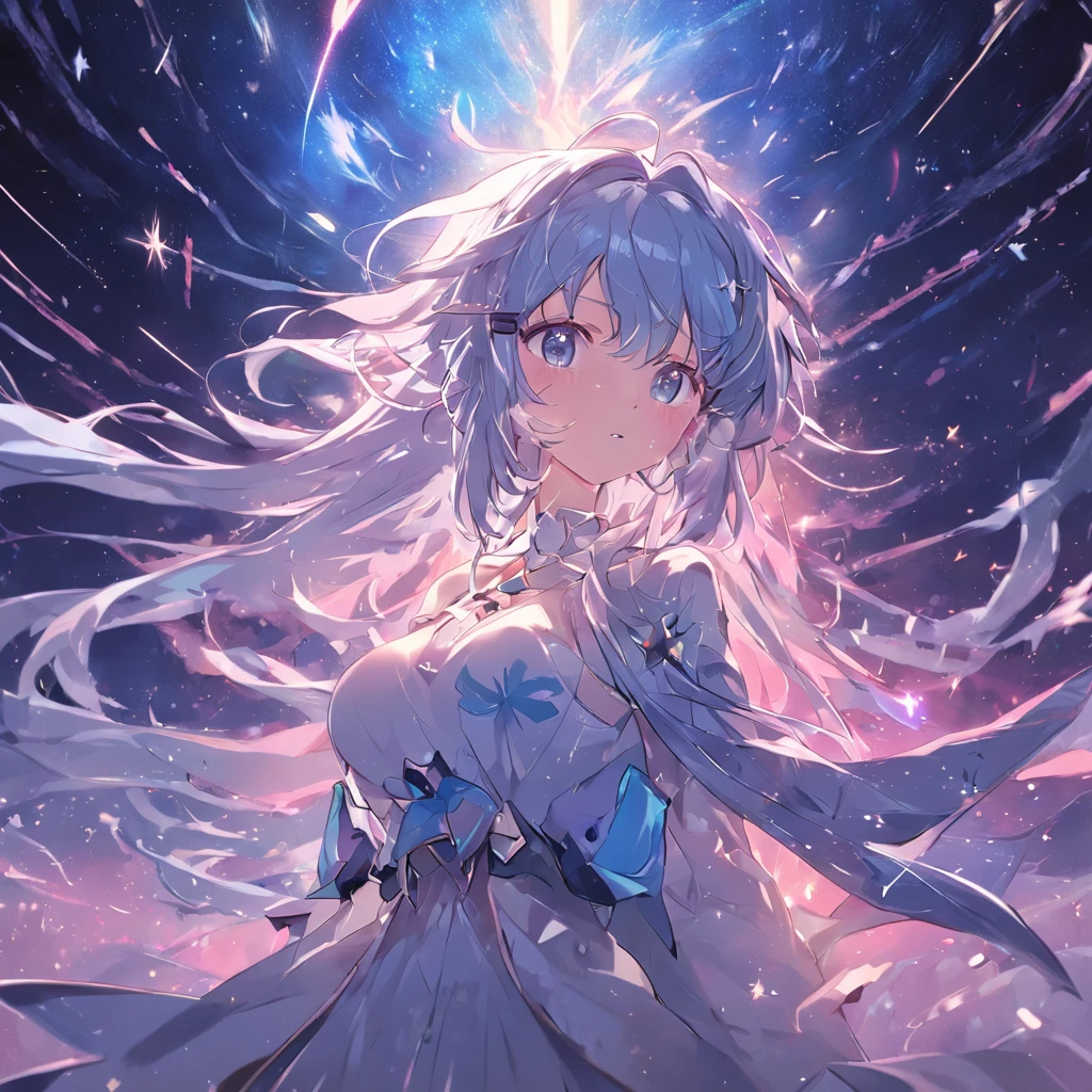 starrysky,Lori huge breasts cleavage,Blue,silber hair,dual horsetail,Bow hair ornament,Watch the fireworks