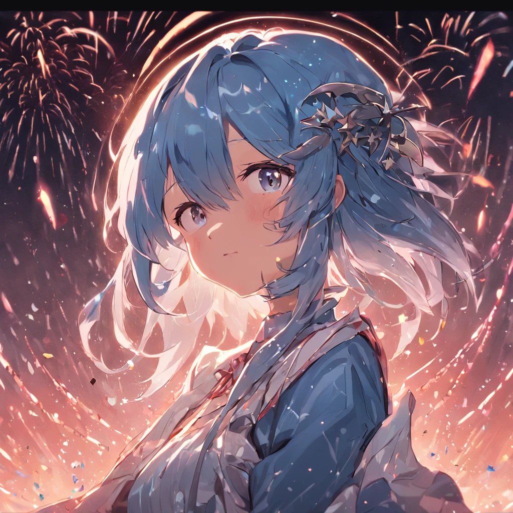 starrysky,Lori huge breasts cleavage,Blue,silber hair,dual horsetail,Bow hair ornament,Watch the fireworks