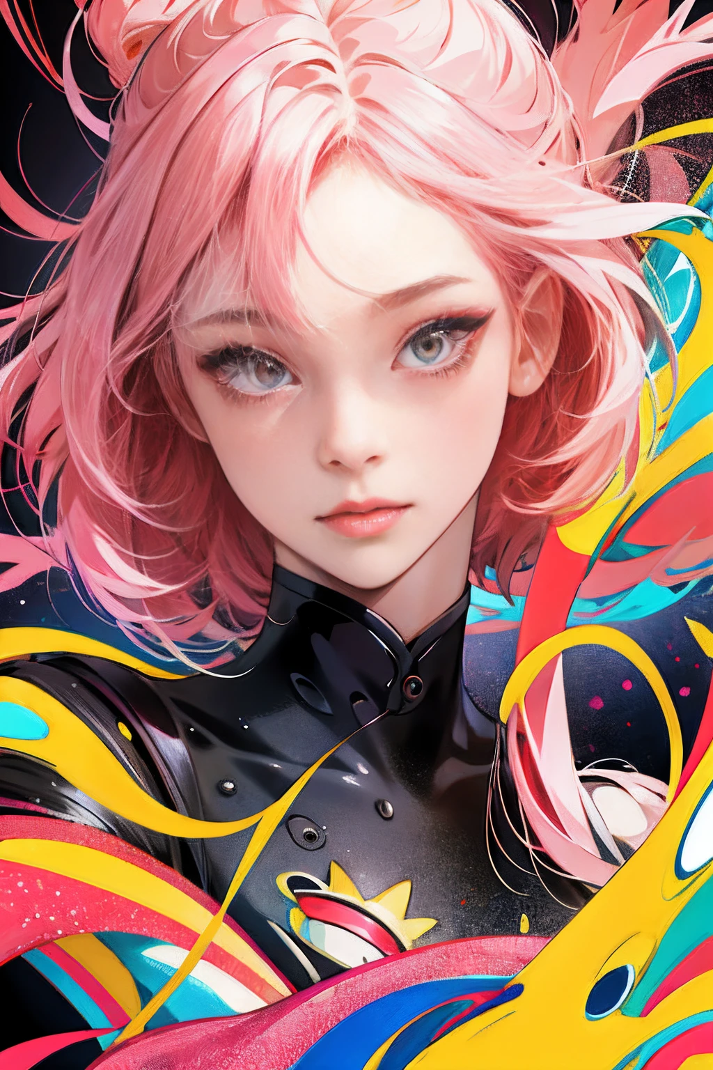 absurderes， A high resolution， ultra - detailed， Solo， Extremely detailed eyes， Ultra-precise depiction， Ultra-detailed depiction， female student（zentangle：1.2）， （dynamicposes）， （abstract backgrounds：1.5）， Short pale pink hair， red color eyes，Yellow-skinned， many color， The upper part of the body， With perspective