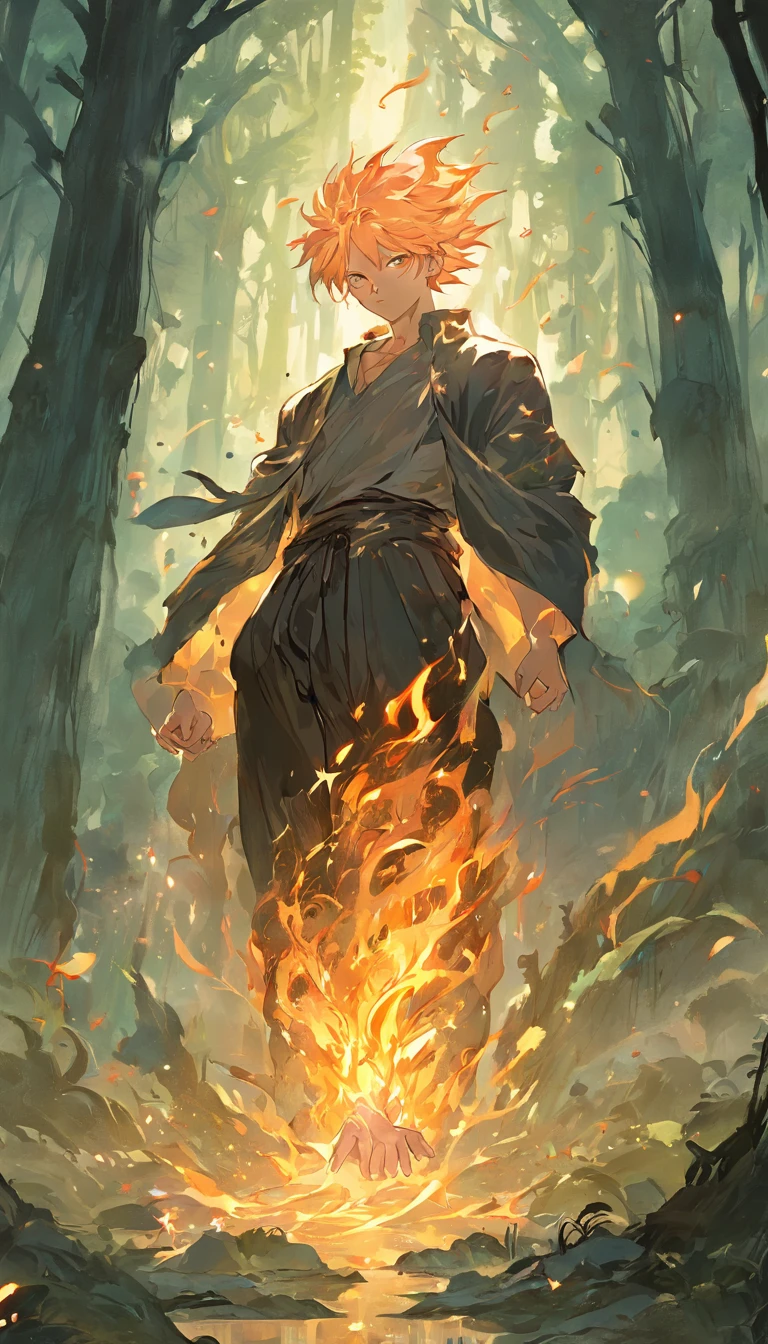 Amidst an ancient and overgrown forest, the essence of magic takes form through a young man, his hair as dark as the shadows and his eyes a radiant golden blaze. A mystical mark graces his neck, shimmering with latent power. Within a clearing, he stands engulfed in a cascading torrent of flames, the fire's heat tempered by an otherworldly energy. As the magical fire spirals and dances, it conjures a swirling dance of luminous particles, each a fragment of his ethereal aura. Arcane symbols materialize in midair, their glow casting an eerie light on his intense focus. The scene exudes a sense of ancient power and hidden knowledge, as if the woods themselves are alive with long-forgotten secrets. The mood is one of serene intensity, where the balance of nature and magic intertwine. The illustration style captures this mystical aura through detailed digital artistry, combining intricate linework with vibrant color palettes. --ar 16:9 --v 5