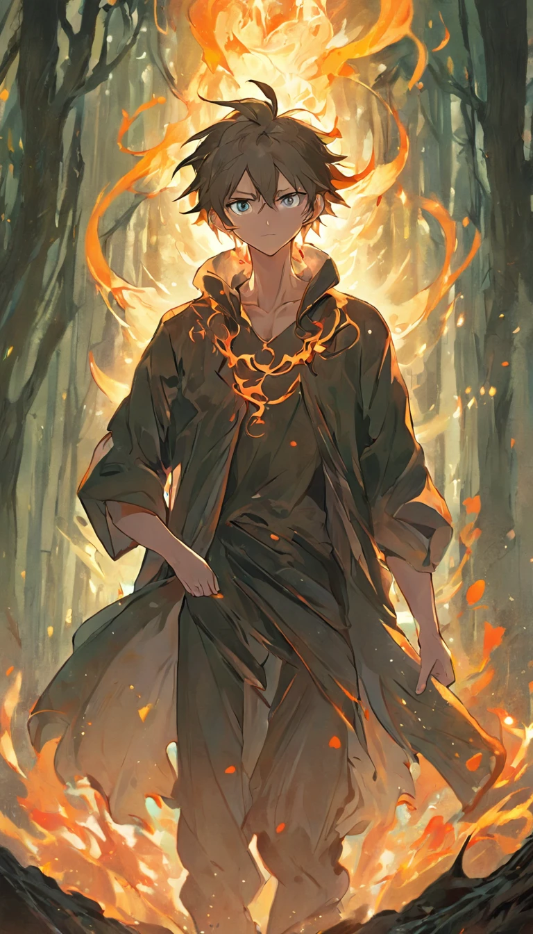 Amidst an ancient and overgrown forest, the essence of magic takes form through a young man, his hair as dark as the shadows and his eyes a radiant golden blaze. A mystical mark graces his neck, shimmering with latent power. Within a clearing, he stands engulfed in a cascading torrent of flames, the fire's heat tempered by an otherworldly energy. As the magical fire spirals and dances, it conjures a swirling dance of luminous particles, each a fragment of his ethereal aura. Arcane symbols materialize in midair, their glow casting an eerie light on his intense focus. The scene exudes a sense of ancient power and hidden knowledge, as if the woods themselves are alive with long-forgotten secrets. The mood is one of serene intensity, where the balance of nature and magic intertwine. The illustration style captures this mystical aura through detailed digital artistry, combining intricate linework with vibrant color palettes. --ar 16:9 --v 5