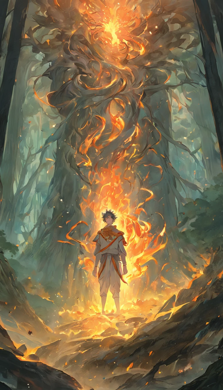 Amidst an ancient and overgrown forest, the essence of magic takes form through a young man, his hair as dark as the shadows and his eyes a radiant golden blaze. A mystical mark graces his neck, shimmering with latent power. Within a clearing, he stands engulfed in a cascading torrent of flames, the fire's heat tempered by an otherworldly energy. As the magical fire spirals and dances, it conjures a swirling dance of luminous particles, each a fragment of his ethereal aura. Arcane symbols materialize in midair, their glow casting an eerie light on his intense focus. The scene exudes a sense of ancient power and hidden knowledge, as if the woods themselves are alive with long-forgotten secrets. The mood is one of serene intensity, where the balance of nature and magic intertwine. The illustration style captures this mystical aura through detailed digital artistry, combining intricate linework with vibrant color palettes. --ar 16:9 --v 5