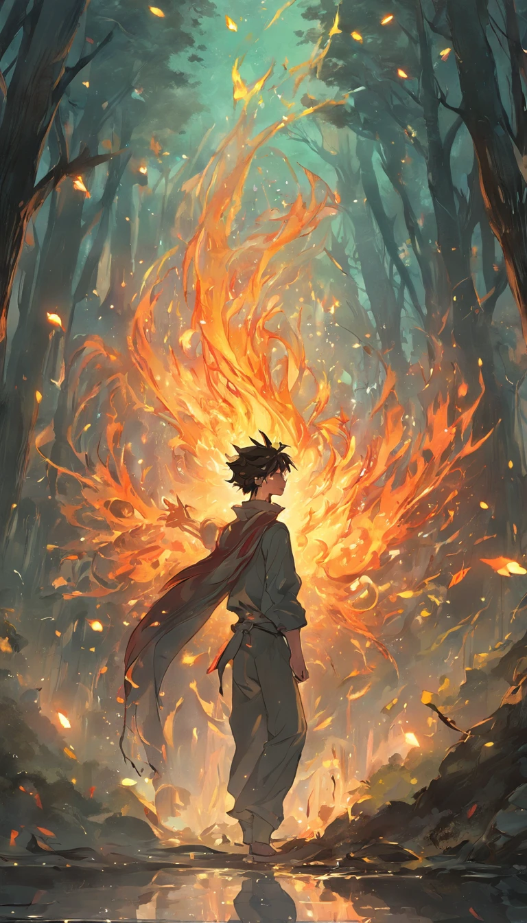 Amidst an ancient and overgrown forest, the essence of magic takes form through a young man, his hair as dark as the shadows and his eyes a radiant golden blaze. A mystical mark graces his neck, shimmering with latent power. Within a clearing, he stands engulfed in a cascading torrent of flames, the fire's heat tempered by an otherworldly energy. As the magical fire spirals and dances, it conjures a swirling dance of luminous particles, each a fragment of his ethereal aura. Arcane symbols materialize in midair, their glow casting an eerie light on his intense focus. The scene exudes a sense of ancient power and hidden knowledge, as if the woods themselves are alive with long-forgotten secrets. The mood is one of serene intensity, where the balance of nature and magic intertwine. The illustration style captures this mystical aura through detailed digital artistry, combining intricate linework with vibrant color palettes. --ar 16:9 --v 5