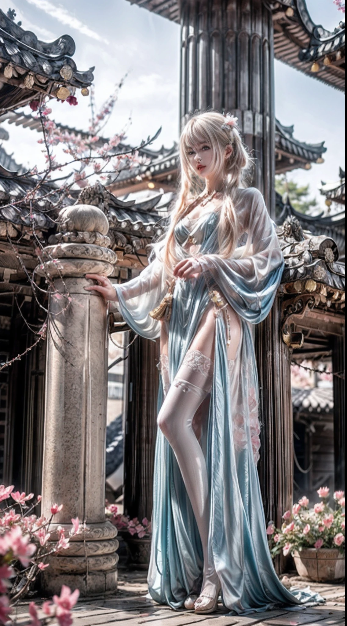 （Long blonde hair+Small pink flowers:1.3+Big red and blue eyes+Heterochromia+gold-wire glasses:1.2+Intellectual beauty:1.1)，under a sakura tree，Sideslit，lace legwear