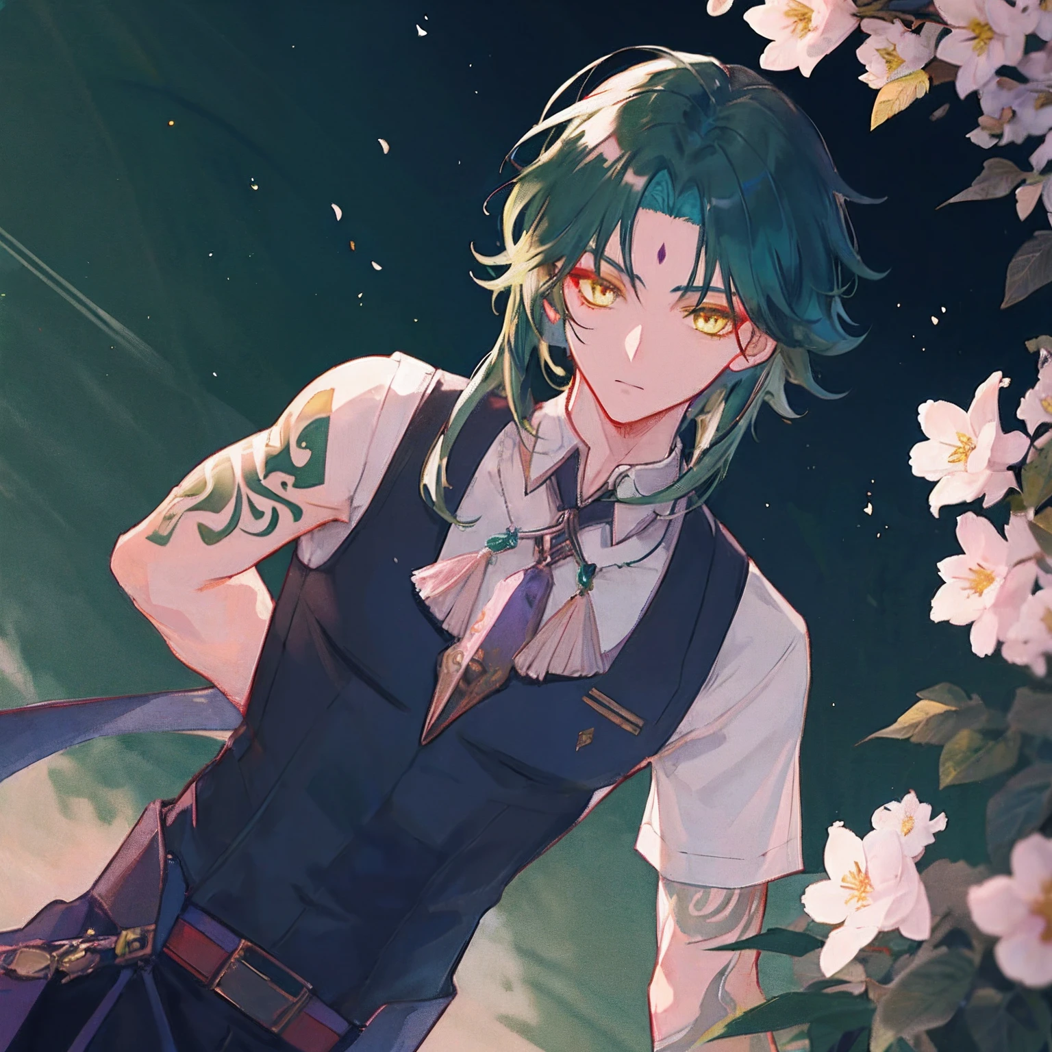 1boys，Dark green hair，Best quality at best，tmasterpiece，Extrem，yellow eyes，malefocus，beautidful eyes，school ground，Men's uniform，Adult male，large muscle，Flower arm tattoo，