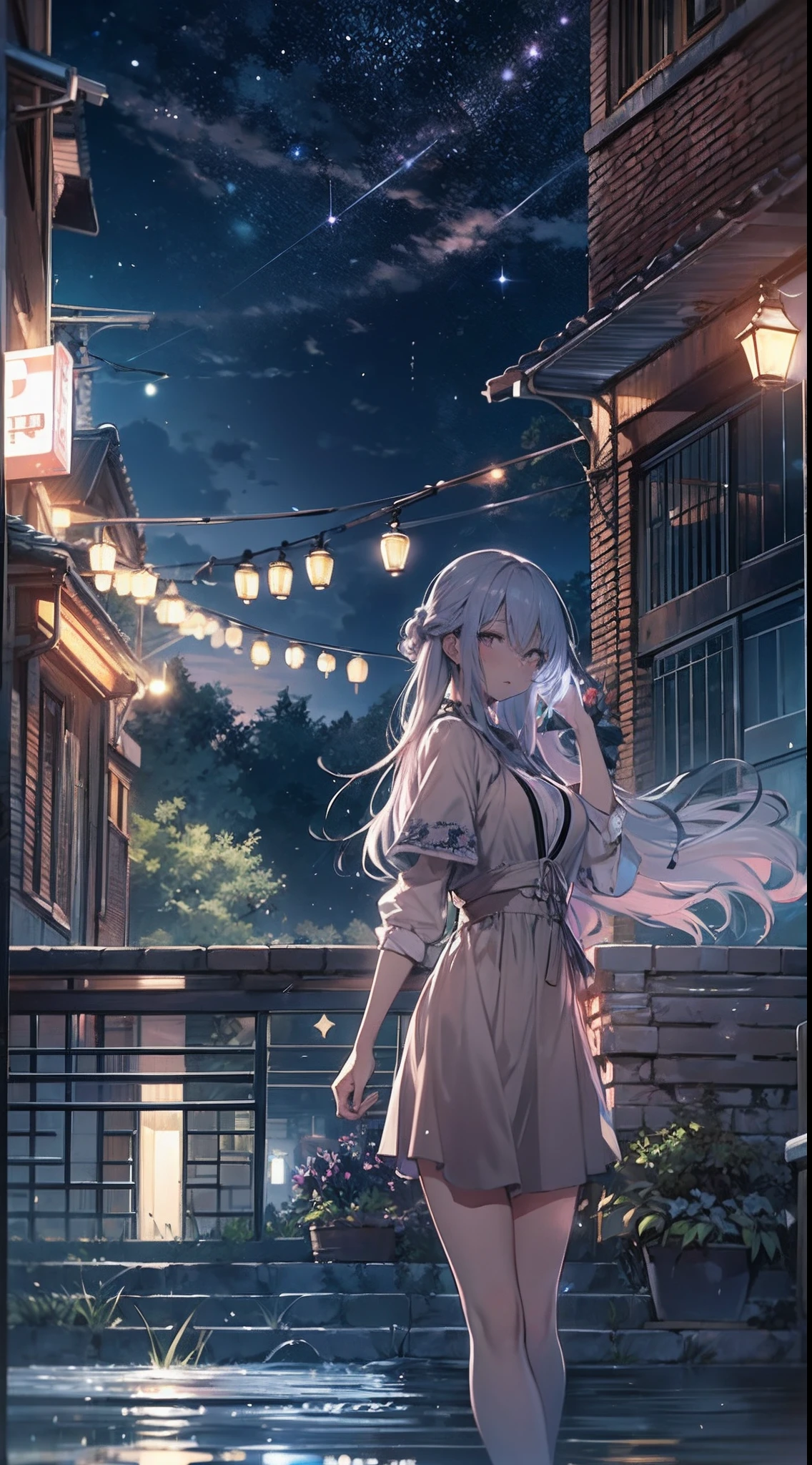 Quiet night,The starry sky is bright,On the roof sat a girl。She looked up at the starry sky in silence,Enjoy this peaceful evening,Girl wears a light dress,The skirt flutters in the wind,Her long hair shimmered in the moonlight,Exude fresh breath,Stars shining in the night sky,They were like winking at a girl,As if he wanted to share this beautiful moment with her,The bricks on the roof take on ancient beauty in the moonlight,Contrast with the neon lights of the city,The girl gently opened her eyes,She seemed to feel the beauty of this world,Her face looked quiet and calm under the starlight,Her body swayed gently in the night breeze,It's as if you're one with this peaceful night,The picture is full of quiet beauty and tenderness,a person々Let the night sky feel the mystery and tranquility,View from a distance, Atmospheric lighting, Focus individually, closeup cleavage, Seen from the side, depth of fields, Background bokeh,best qualtiy,tmasterpiece,Very detailed,细致背景,