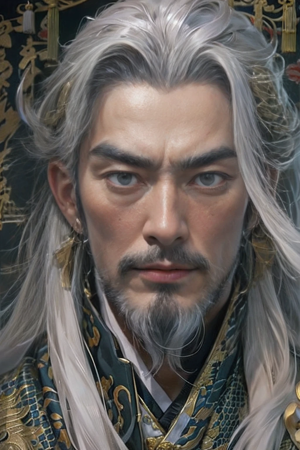 Masterpiece: Superb Night Full Moon 1 Person, Mature man, Chinese style, Gray hair in ancient China, Black eyes, split ends, Long hair, Long bangs, Handsome, Handsome, Masculine, Serious, gentle, Tall, calm, Calm Black Gold Blend,Gold texture,loong pattern,prinz,Court