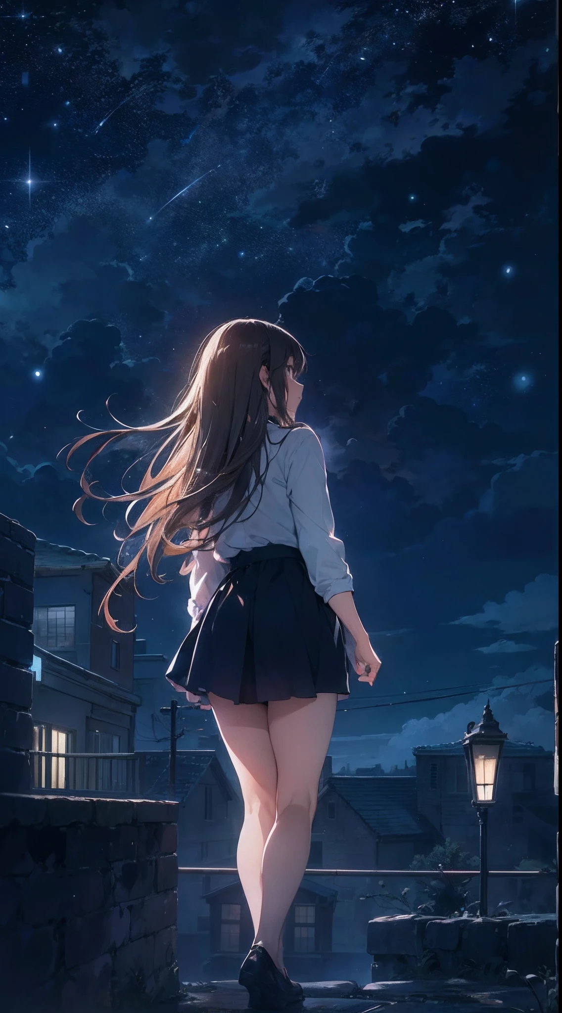 Photorealism, highest quality, ultra-high resolution, photography, exquisitely beautiful photography, extraordinary beauty, ultra-high definition anime wallpaper: 1.3, Blake, shining highlights on cheeks, perfect body, biologically accurate limbs, beautiful bangs, shining white skin, natural skin texture, bangs, eyebrows, beautiful and shiny hair, smooth hair, thin hair, focus on the whole body, back view photo: 1.5, back view: 1.5, from befinde, ((Photo taken with a camera on the road)), neat and tidy adult female teacher, 2, 1 person, (hooded parka, camisole, tulle skirt), ((thighs)), (white panties, exposed buttocks), ((skirt and hair fluttering in the wind), model-like legs, gray wavy hair, long hair, city, natural light, retro city atmosphere, retro shades, ((Back view of a woman walking towards the sunset: 1.5)), (space, starry sky, milky road, many small stars: 1.5),