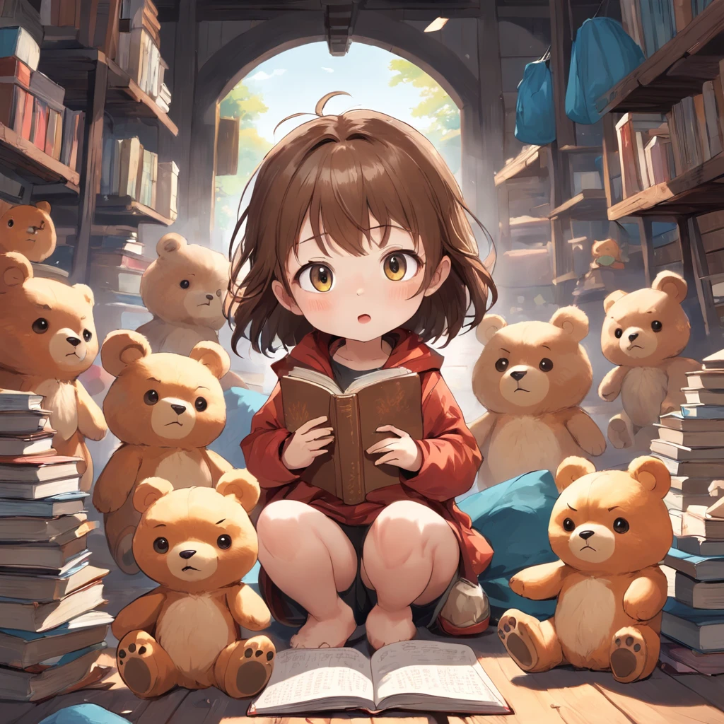 Adventurous teddy bear, Various poses and expressions on white background, Simple, Children's book illustration style fluffy, for 6 years old, colours, Short brown fur, Solid color, without book, Without glasses, without backpack