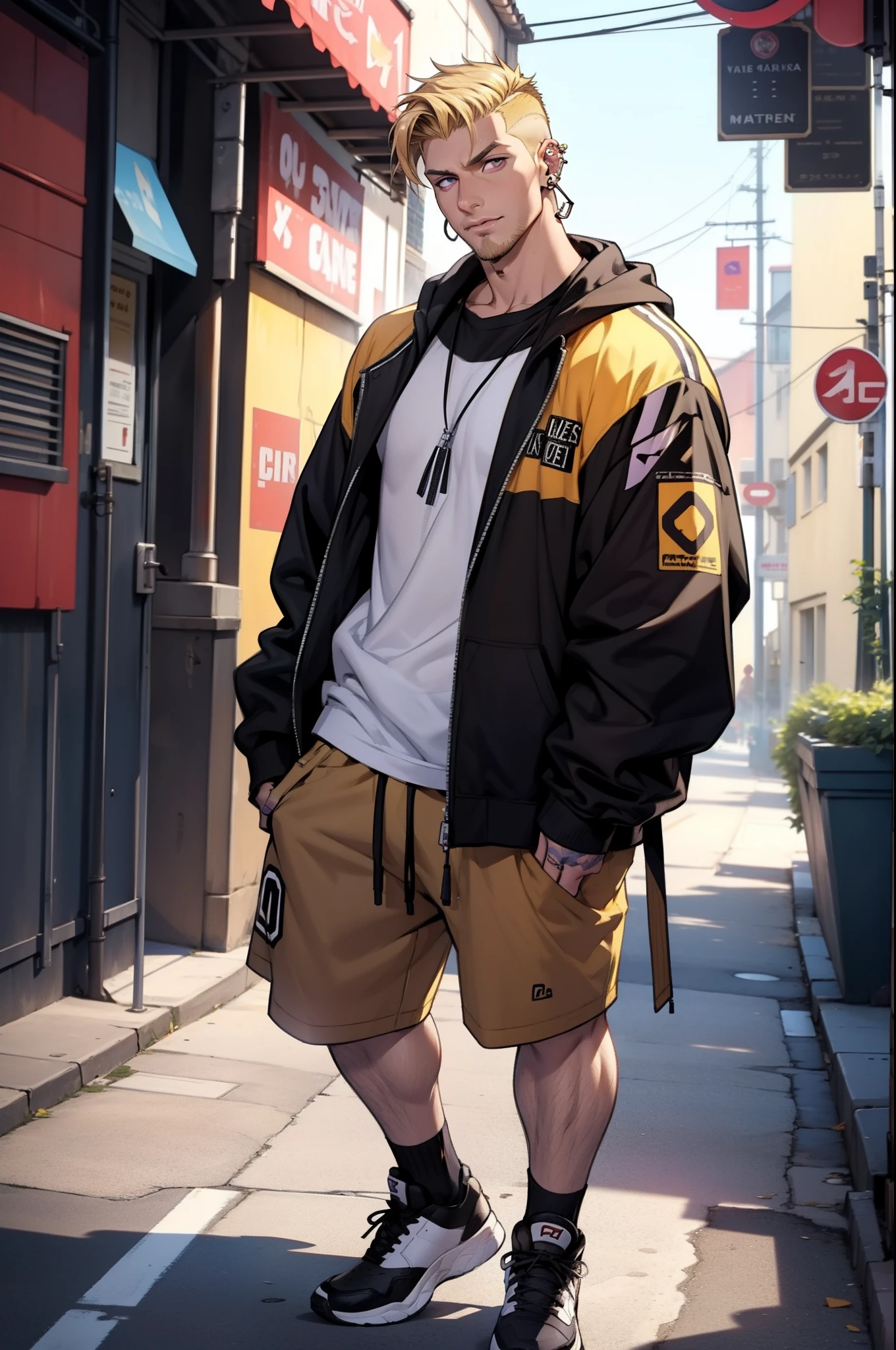 He is Blond, has a short undercut hairstyle. He has stubble. He has honey colored skin. He has purple eyes. He is very muscular. He wears casual, sporty clothing. He has a lip ring, a nose ring and 2 ear piercings. Full body image