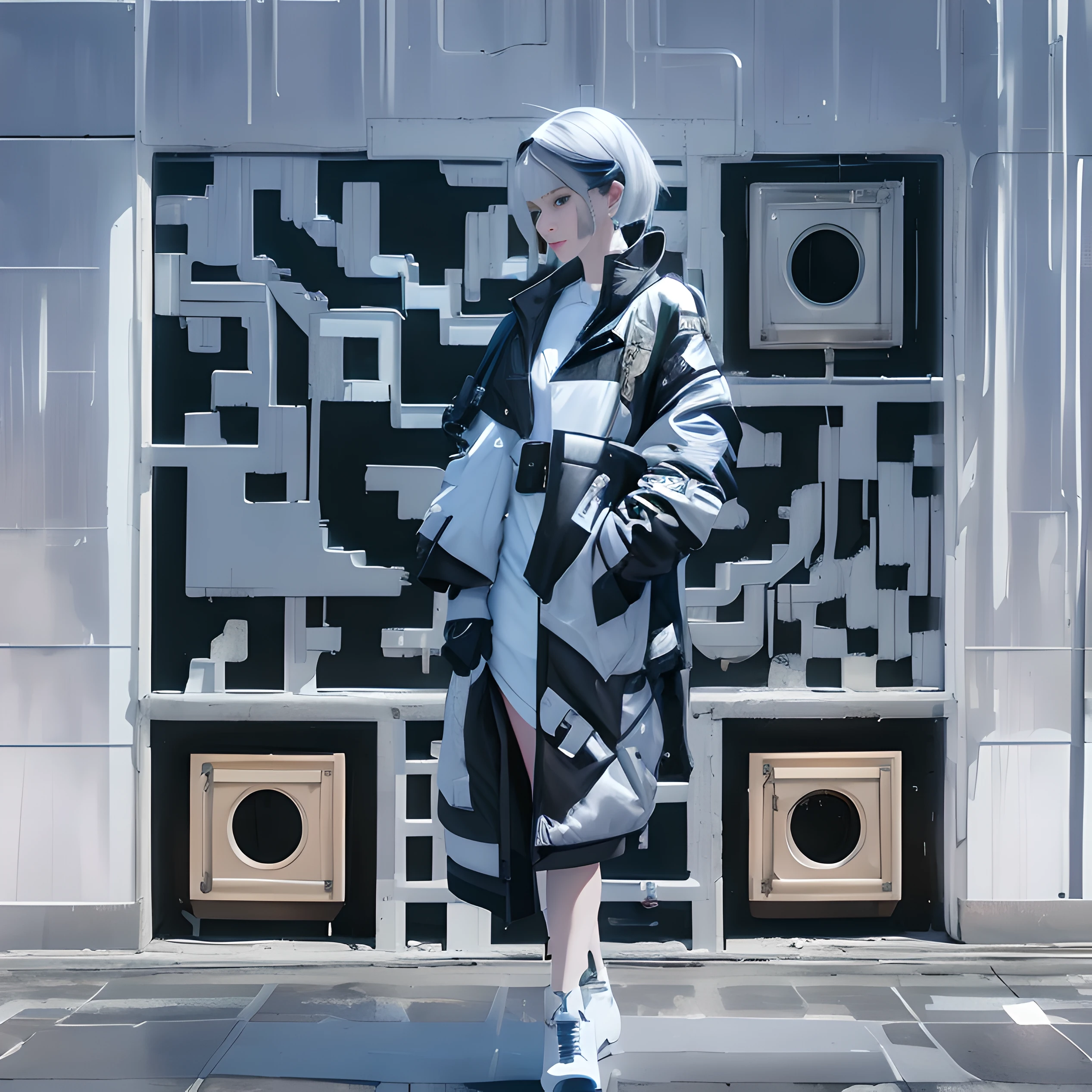 Araffe dressed in a black and white outfit standing on a tiled floor ...