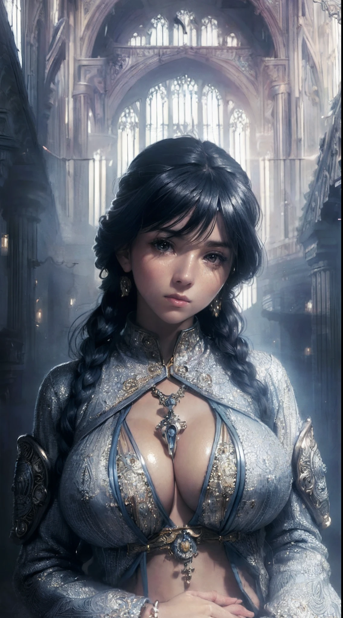 (((beautiful))),mary,blue sweater, white jacket, cropped jacket, long sleeves, open clothes, ribbed sweater, armband, huge breasts,(((shiny skin))), ((intricate details)), hdr, ((intricate details, hyperdetailed)), cinematic shot, walkin in the street, vignette, ((art by alphonso mucha))
