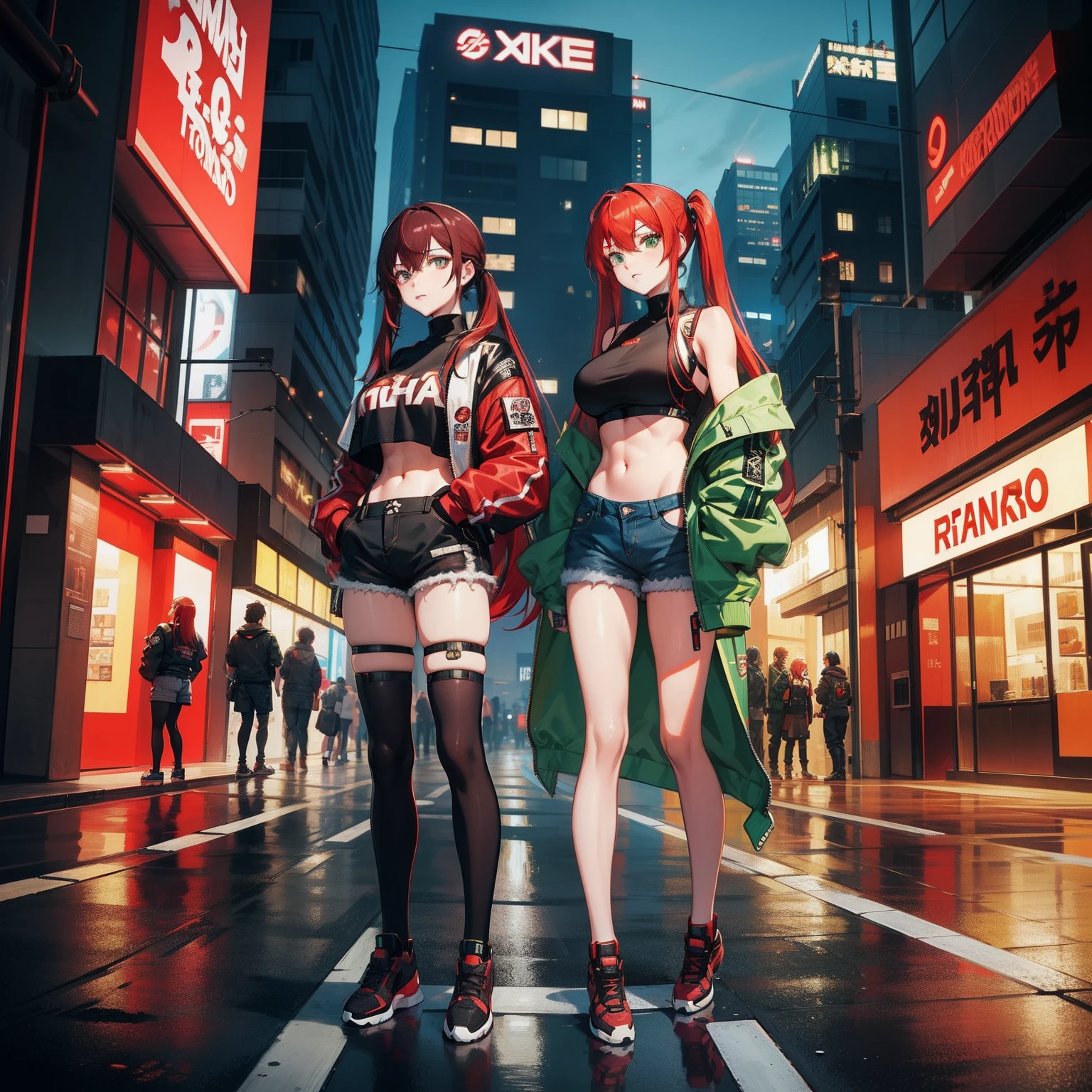 Full body shot, female asian Irina Shidou red hair twintails green eyes, in a cyberpunk city, wearing a bomber jacket and crop top and denim shorts, standing next to a Nissan GT-R, frontal shot, masterpiece, highly detailed