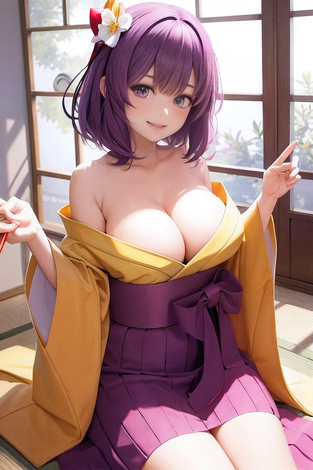 best light, Best Shadows, (Shining), quality, 1girl in, Solo, Purple medium hair, Hieda's Me,I'm Hiedano , Japanese-style room background, yellow kimono,red blush、Colossal tits、Undressing、fullnude、Smiling