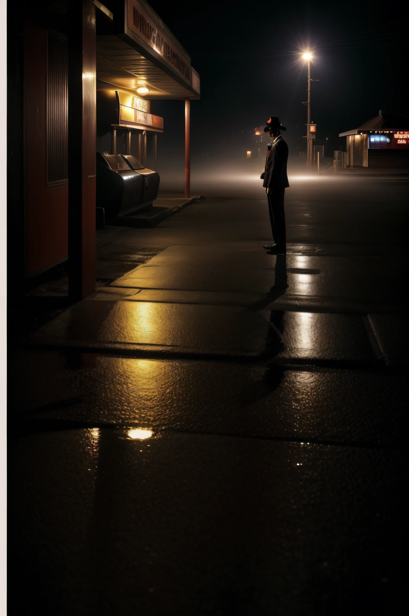 ((deep in the night、mid night、early dawn))、((motel、Clown in front of the motel))、Foggy、Sateen、reflection、Nostalgic but unsettling photos、Images in a dream、horor、Pretty dark image、Grainy photo、Film Touch、color photograph、wide angles、wide-angle lens, Wide Shot, ultra wide-angle、