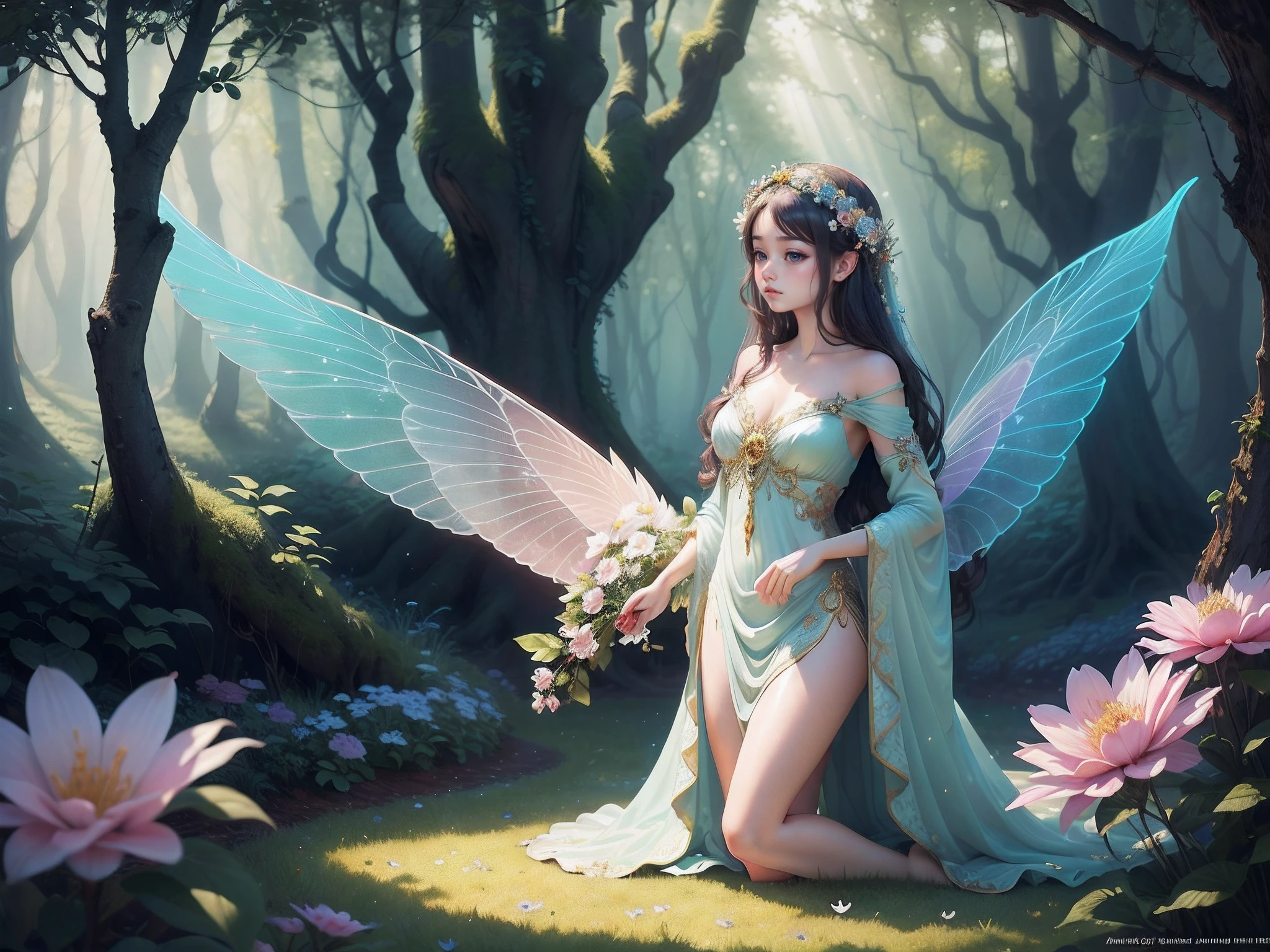 "A stunning and ethereal depiction of a mesmerizing Flower Fairy in a fantasy realm. The fairy has delicate wings and is adorned in vibrant floral attire, radiating an otherworldly glow. The scene is filled with a lush garden of blooming flowers, with beams of soft sunlight filtering through the foliage. The atmosphere is magical and enchanting, with a sense of tranquility and wonder.