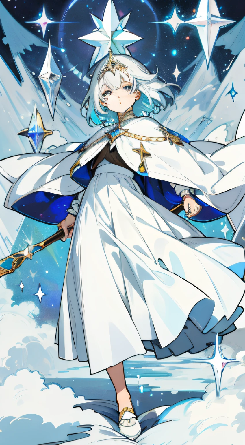 silber hair,starrysky,crystal,a white long skirt,colourful eyes