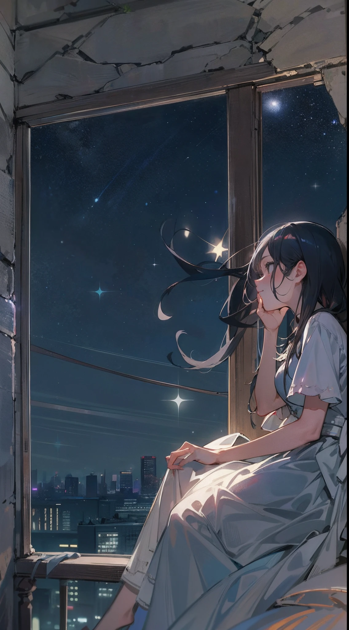 Quiet night，The starry sky is bright，On the roof sat a girl。She looked up at the starry sky in silence，Enjoy this peaceful evening，Girl wears a light dress，The skirt flutters in the wind，Her long hair shimmered in the moonlight，Exude fresh breath，Stars shining in the night sky，They were like winking at a girl，As if he wanted to share this beautiful moment with her，The bricks on the roof take on ancient beauty in the moonlight，Contrast with the neon lights of the city，The girl gently opened her eyes，She seemed to feel the beauty of this world，Her face looked quiet and calm under the starlight，Her body swayed gently in the night breeze，It's as if you're one with this peaceful night，The picture is full of quiet beauty and tenderness，a person々Make the night sky mysterious and quiet，View from a distance, Atmospheric lighting, Focus individually, closeup cleavage, Seen from the side, depth of fields, Background bokeh，best qualtiy，tmasterpiece，Very detailed，细致背景，