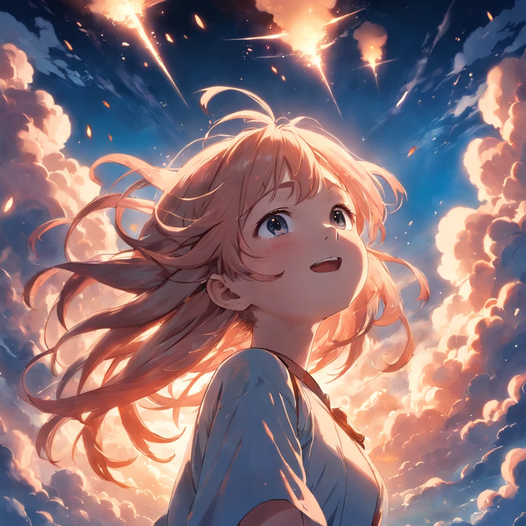 masterpiece, best quality, movie still, 1girl, cloud girl, floating in the sky, close-up, bright, happy, warm soft lighting, sunset, (sparks:0.7)