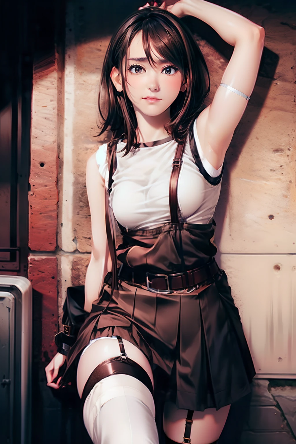 skirt by the, Tank Top Suspenders, Brown hair short, Gray eyes, Garter belt on the legs, Big and tight clothes, a belt Armpit sweat Expressionless Mask