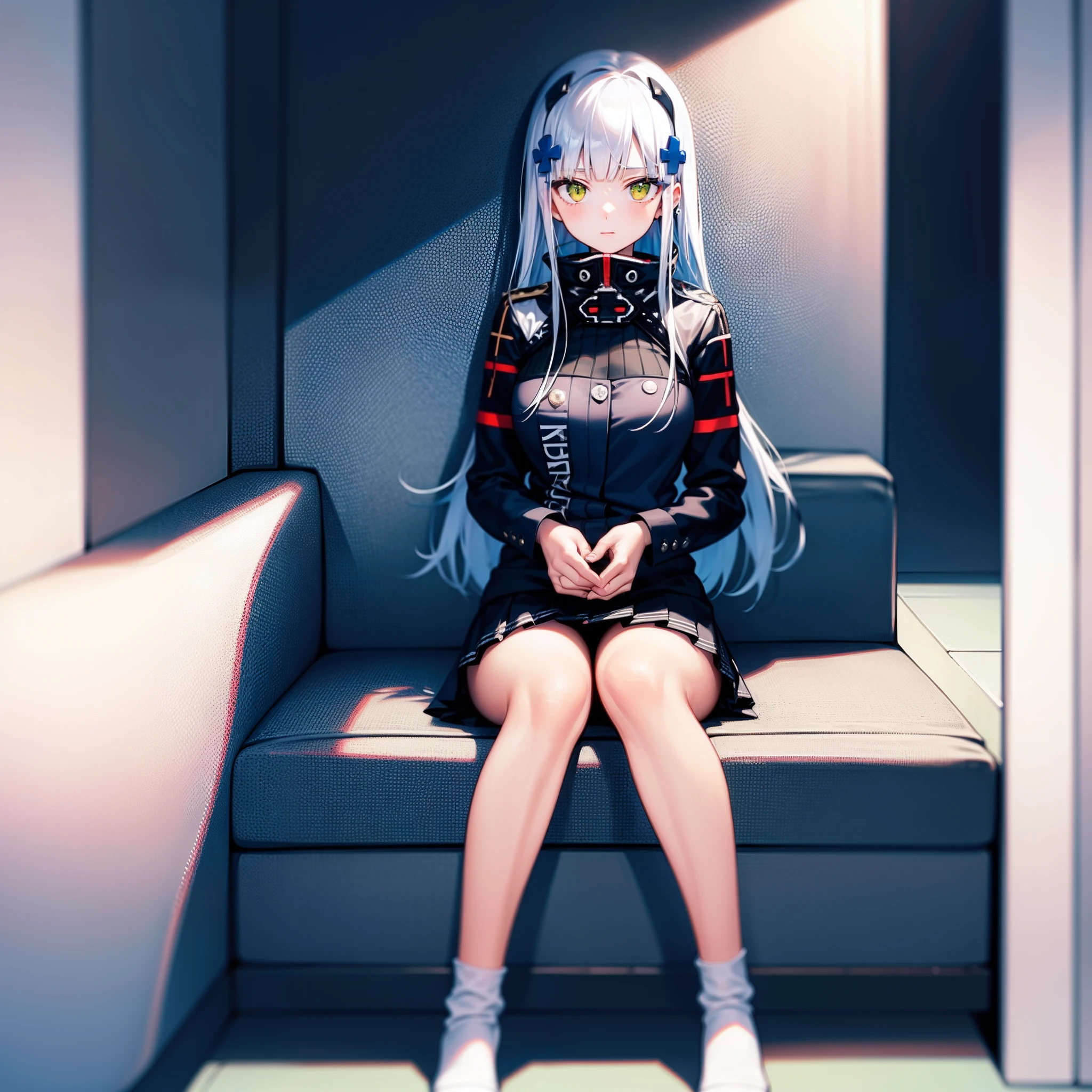 Masterpiece, 1girl, solo, HK416, sitting inside cafe, black suit, looking at viewers, full body, perfect hands, perfect legs