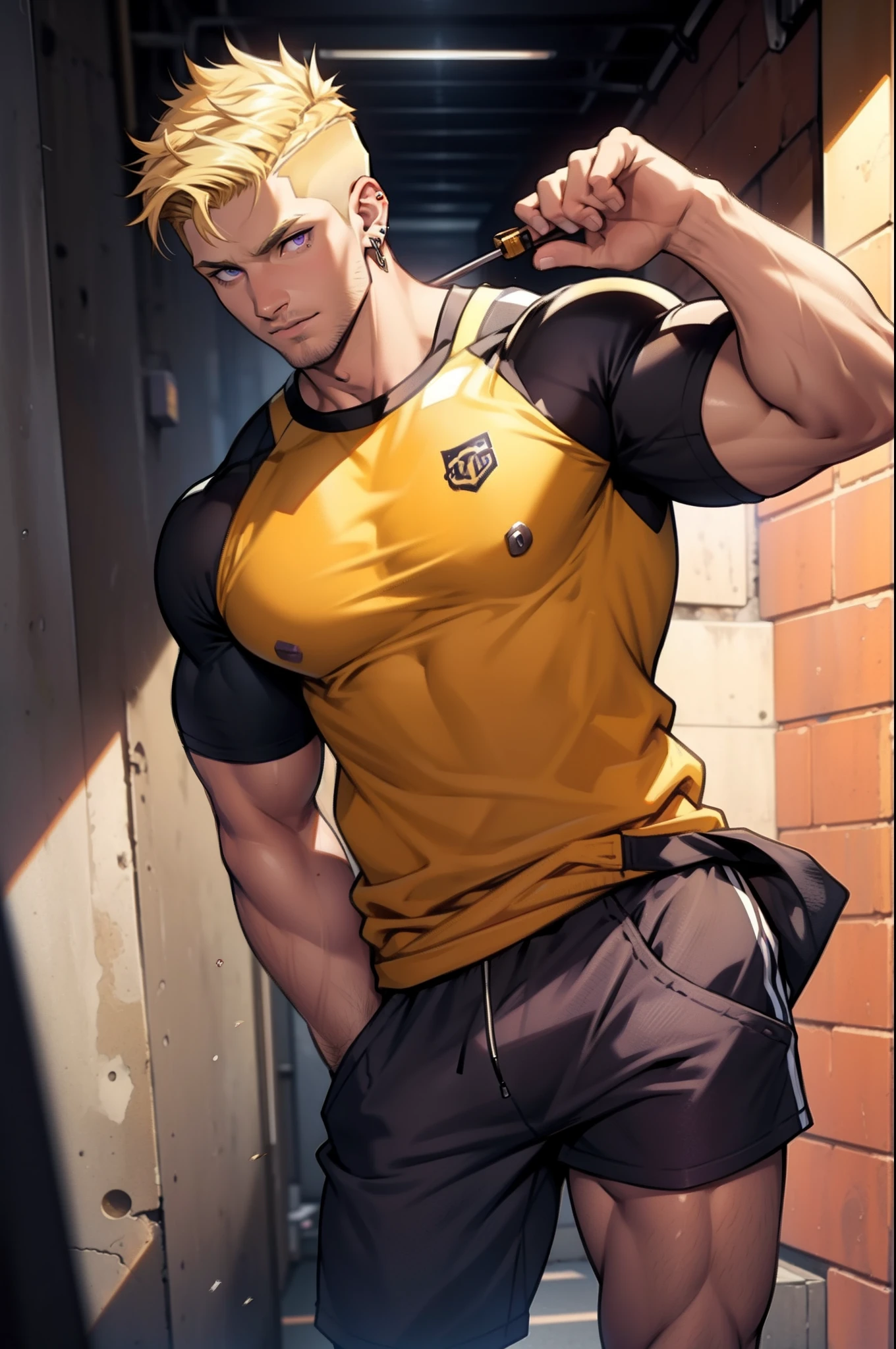 He is Blond, has a short undercut hairstyle. He has stubble. He has honey colored skin. He has purple eyes. He is very muscular. He wears casual, sporty clothing. He has a lip ring, a nose ring and 2 ear piercings. Full body image