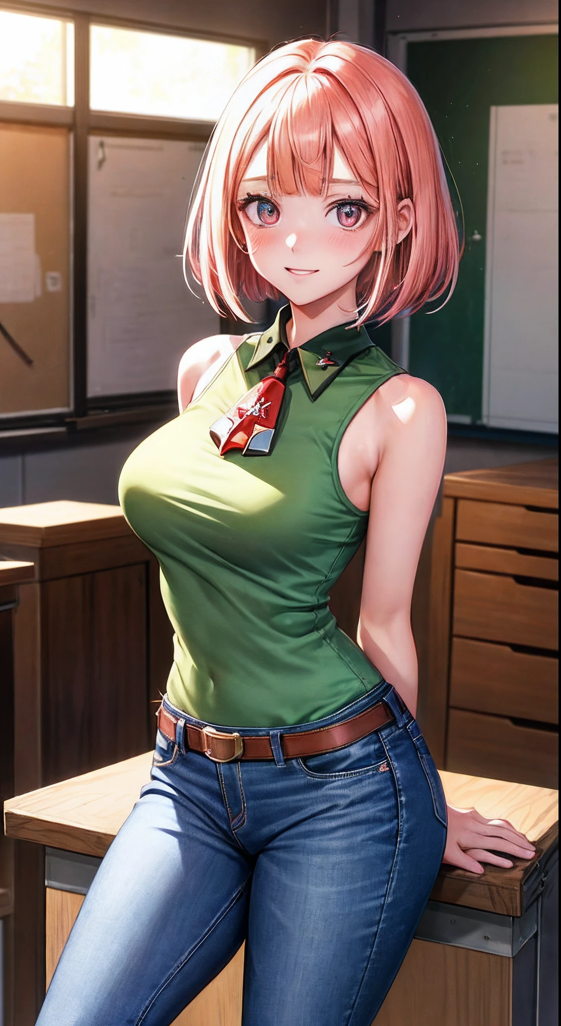 Light skin, bob cut, cleavage, tied shirt, midriff, flashing red panties, short skirt, stockings, green eyes, red hair, freckles, large breasts, blank background