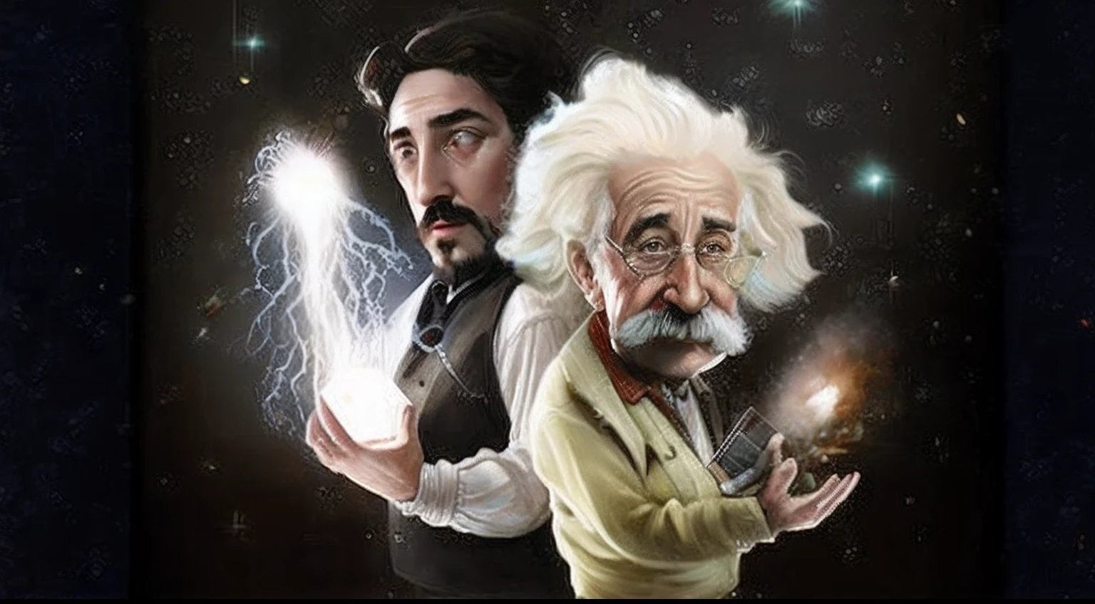 Image of two men holding a shiny object in their hands, Einstein, albert einstein, Cyril Rolando e M. w kaluta |, Cyril Rolando e M.w kaluta |, Directed by: Galen Dara, conhecimento intenso, eletrizante, Cientistas, Houdini & Photoshop, Directed by: Edwin Georgi, Directed by: Derek Zabrocki, por Muggur