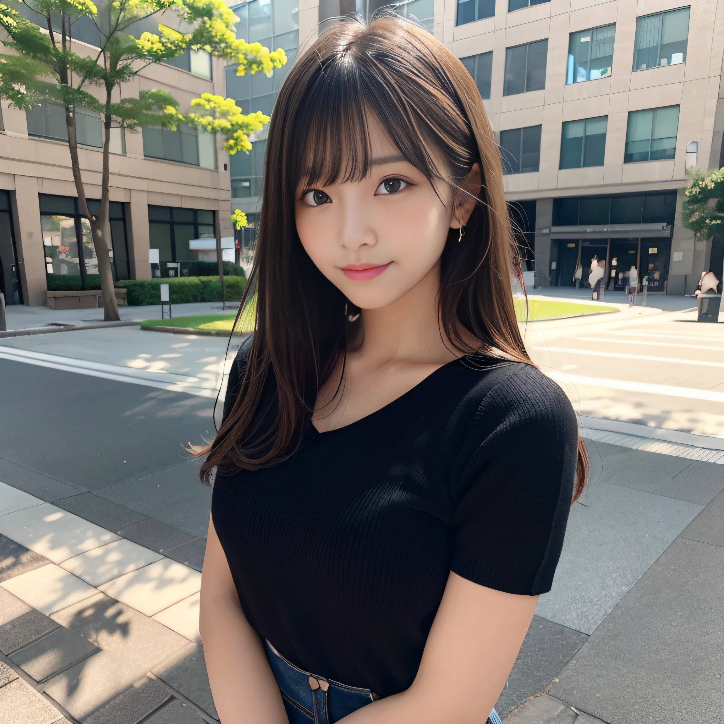in 8K,Best Quality:1.4, 超A high resolution:1.5, (Photorealistic:1.4),masterpiece:1.2,(top-quality:1.4)、 Raw photo、 (From the knee up:1.6, From Side:0.7), (the background is blurred), a park,FULL BODYSHOT:1.4、 1日本人の女の子, Cute, (Solo), (Shy smile), Smooth skin、TThe shirt、a miniskirt、 (Brown medium hair,Bangs), (touch hair:1.4)、nogizaka、cute little、Supple fingertips,Beautiful black eyes、natural skin textures:1.3, realistic eyes and face details:1.7、middlebreasts、Gravure Pose:1.1、Toned buttocks、gazing at viewer、The camera is3Move m backward:1.3、FULL BODYSHOT、I don't show my fingers