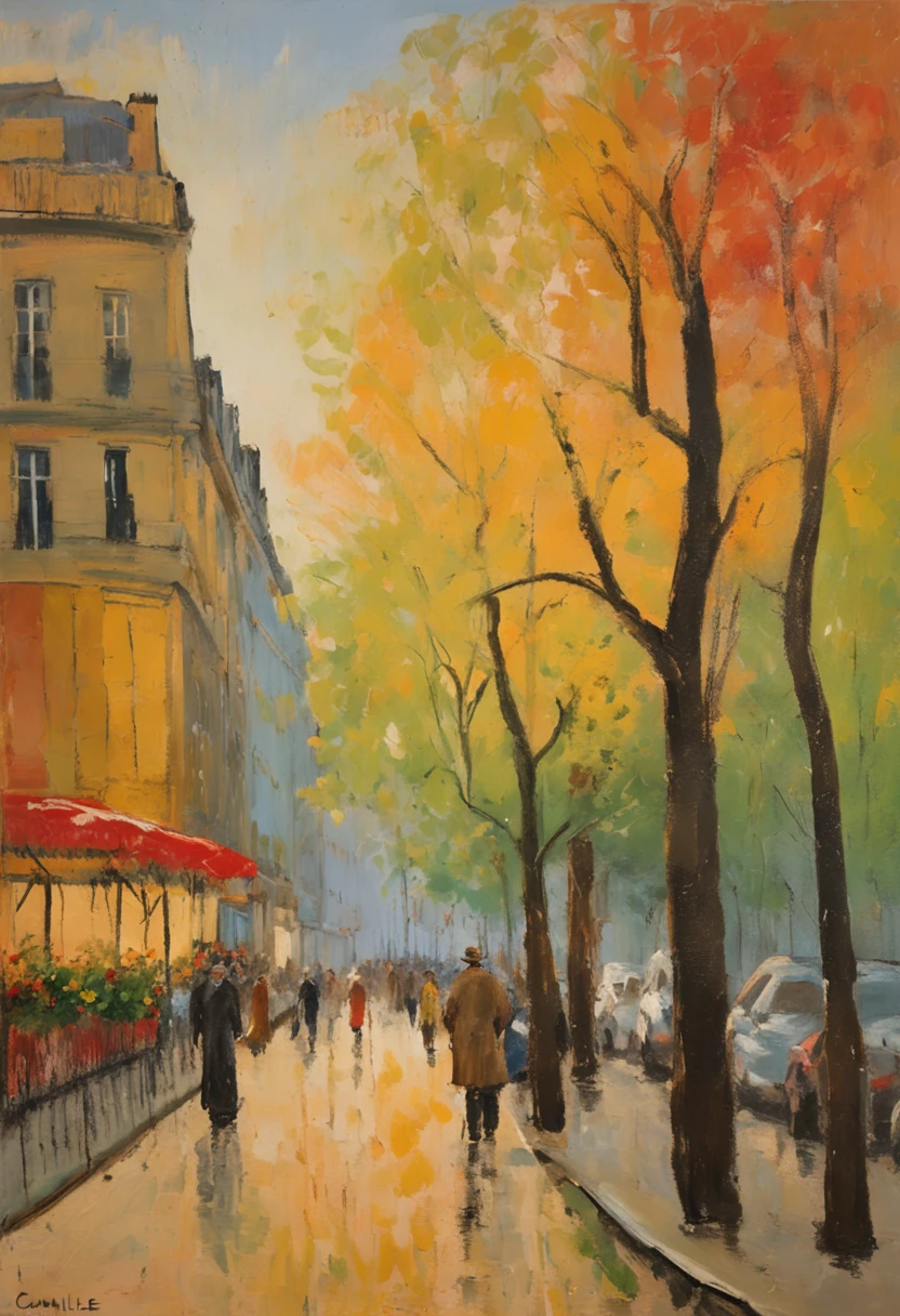 um jardim florido ao estilo de fotografia golden hour. estilo de pintura impressionismo obras de Camille Pissarro, Boulevard Montmartre masterpiece