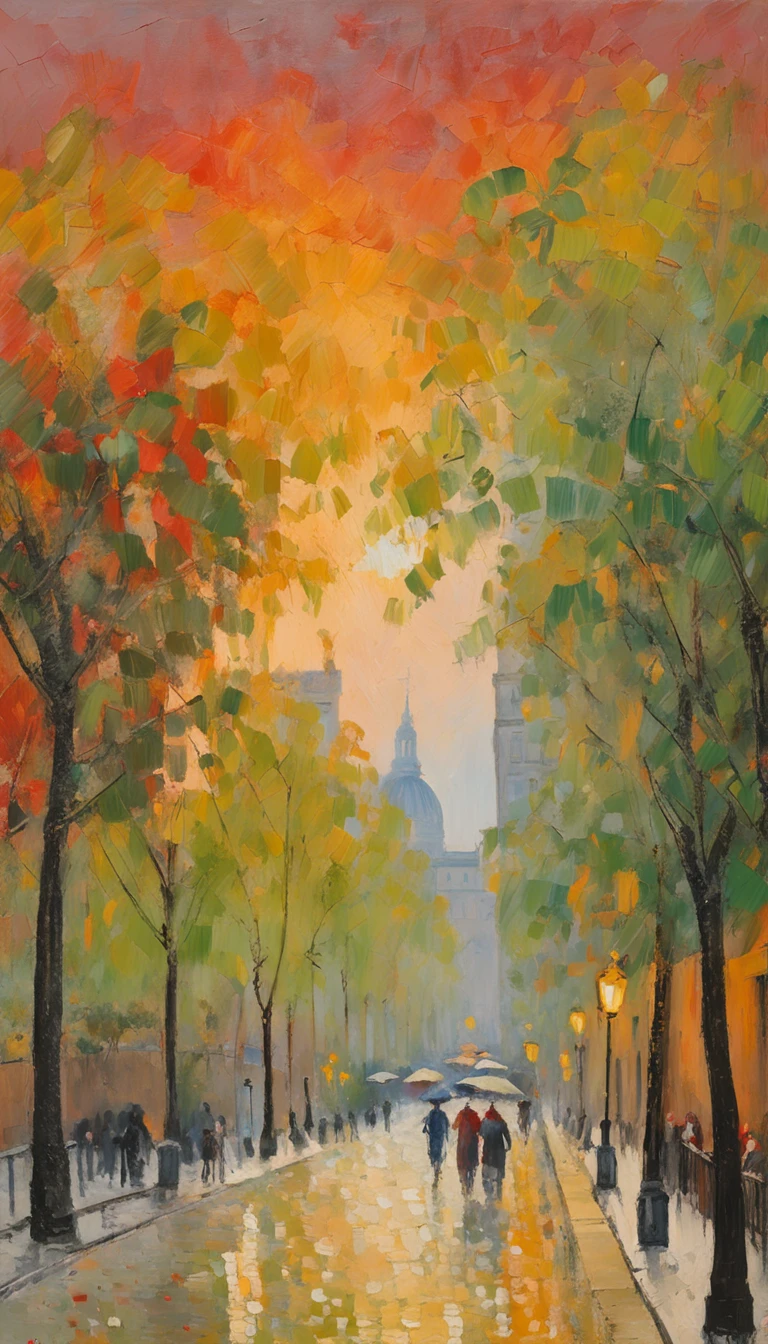 um jardim florido ao estilo de fotografia golden hour. estilo de pintura impressionismo obras de Camille Pissarro, Boulevard Montmartre masterpiece